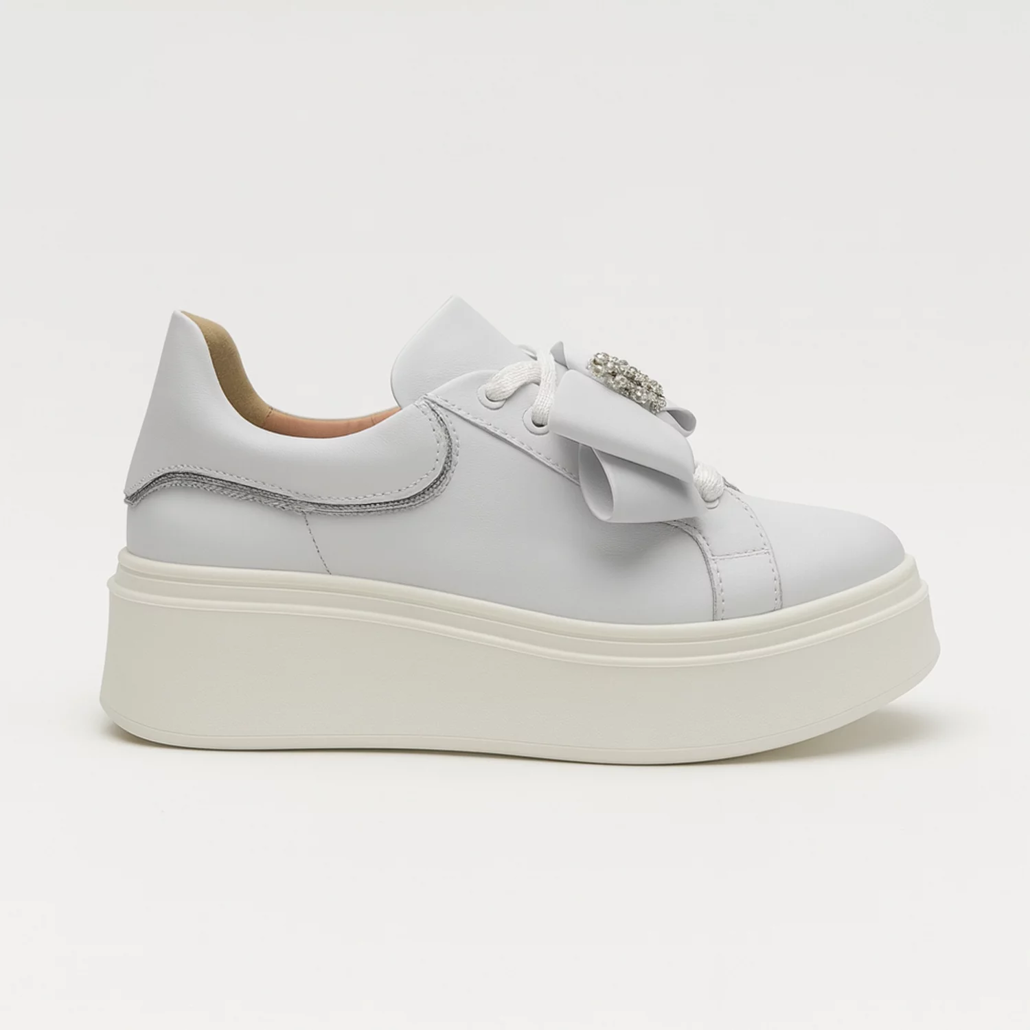 Pantofi casual Piele Naturala Albi cu funda si accesoriu Noam