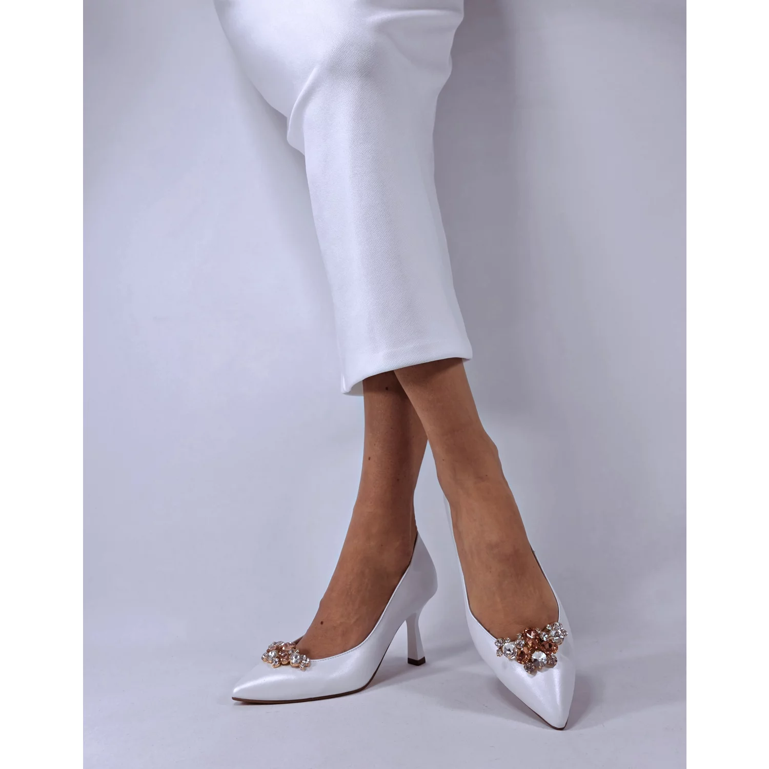 Pantofi stiletto Piele Naturala Albi cu accesoriu detasabil Francesca