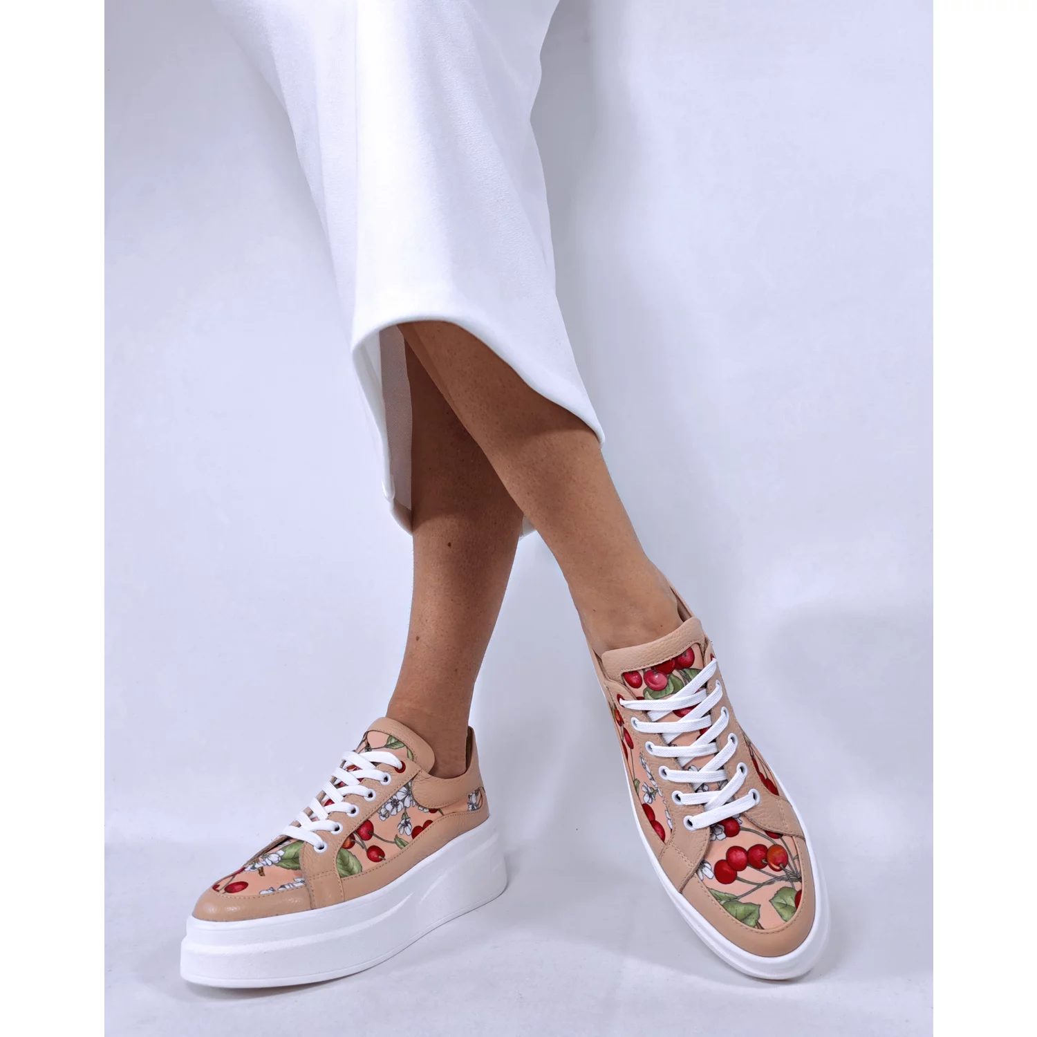 Pantofi casual Piele Naturala Bej roze cu imprimeu color Cherry