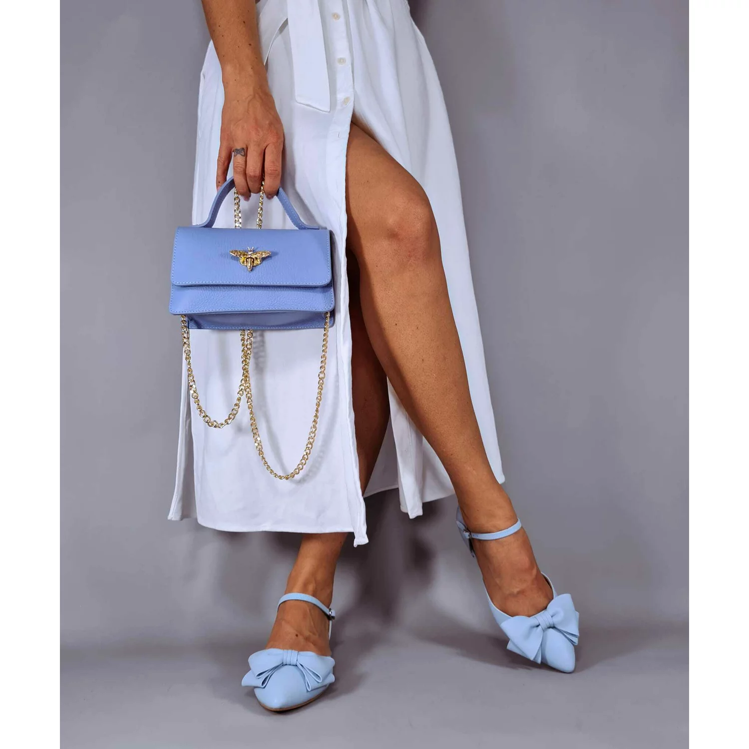 Balerini Piele Naturala Blue cu funda Malena