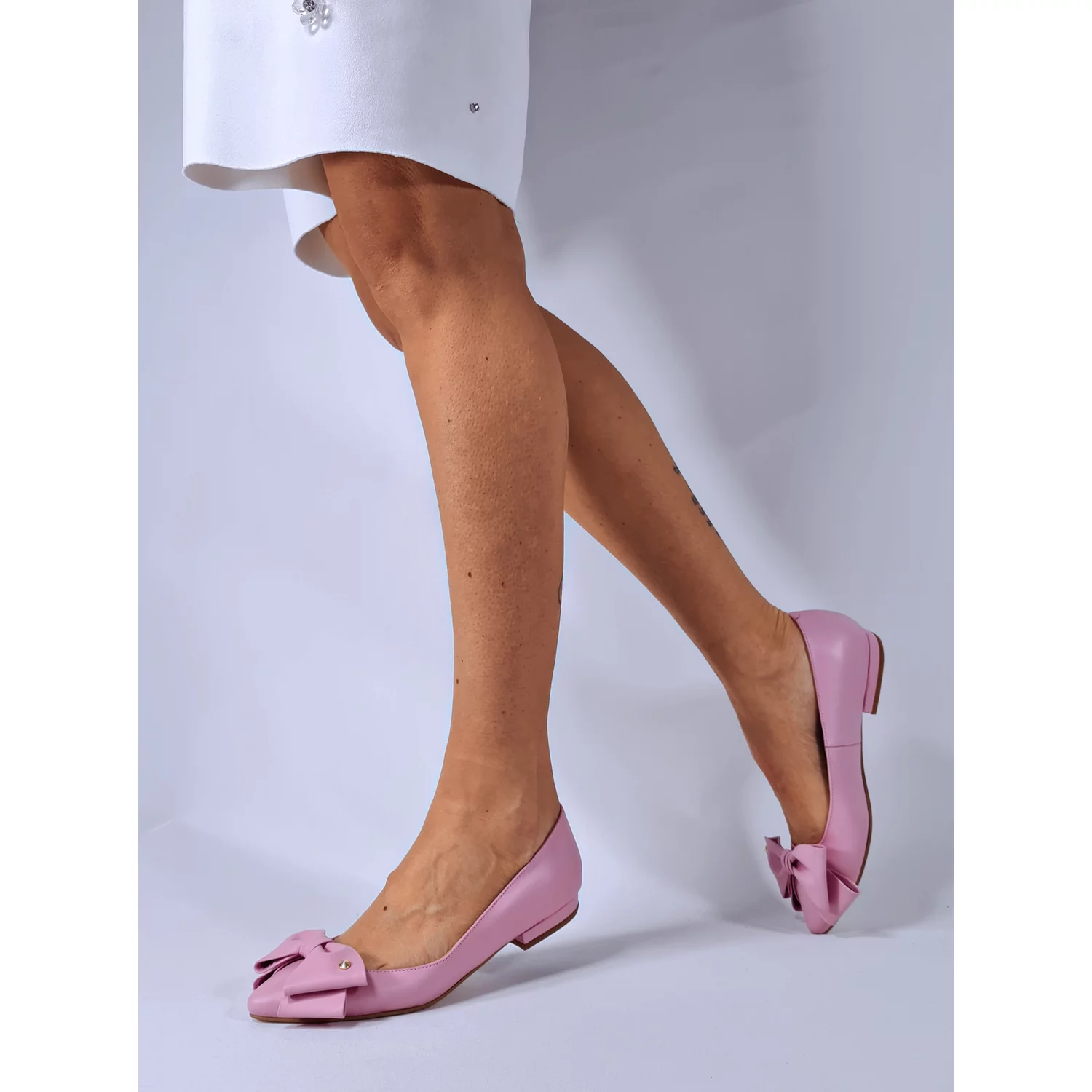 Balerini Piele Naturala Roz cu funda Alisia