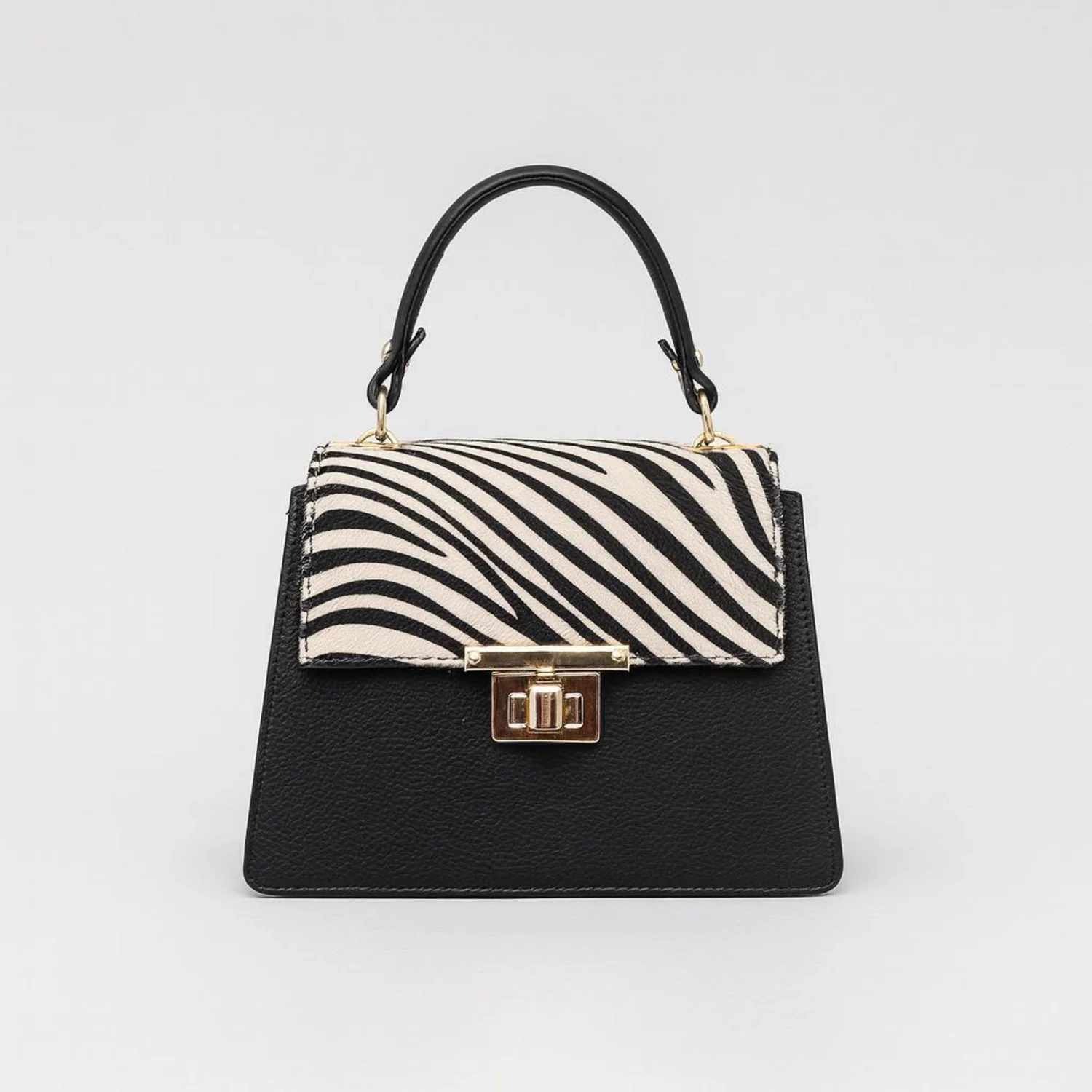 Geanta medie dama Piele Naturala Neagra cu imprimeu zebra Andia