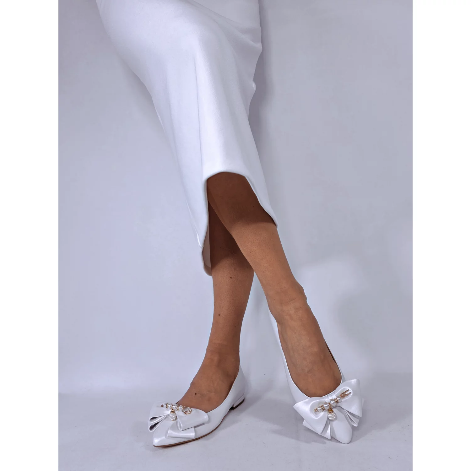 Balerini Piele Naturala Albi cu funda Malvina