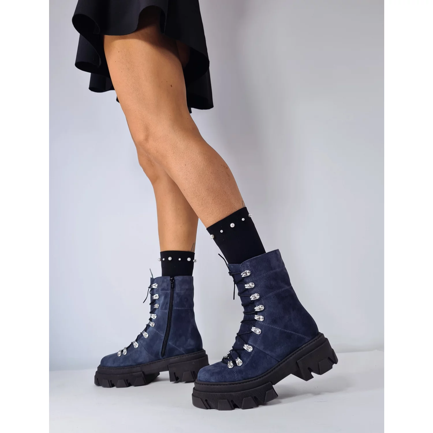 Ghete dama Piele Naturala Albastru marin cu accesorii argintii Ivanna