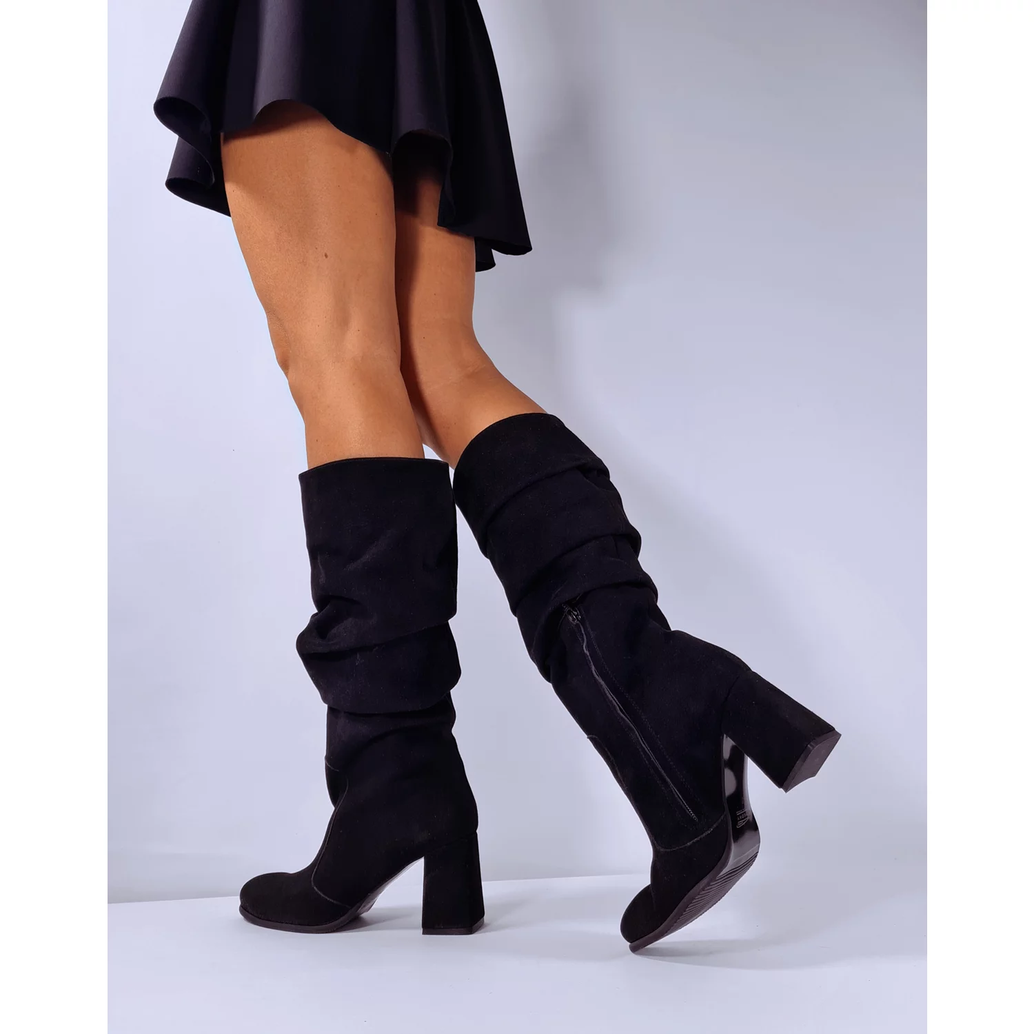 Cizme fronsate Piele Naturala Negre Lina