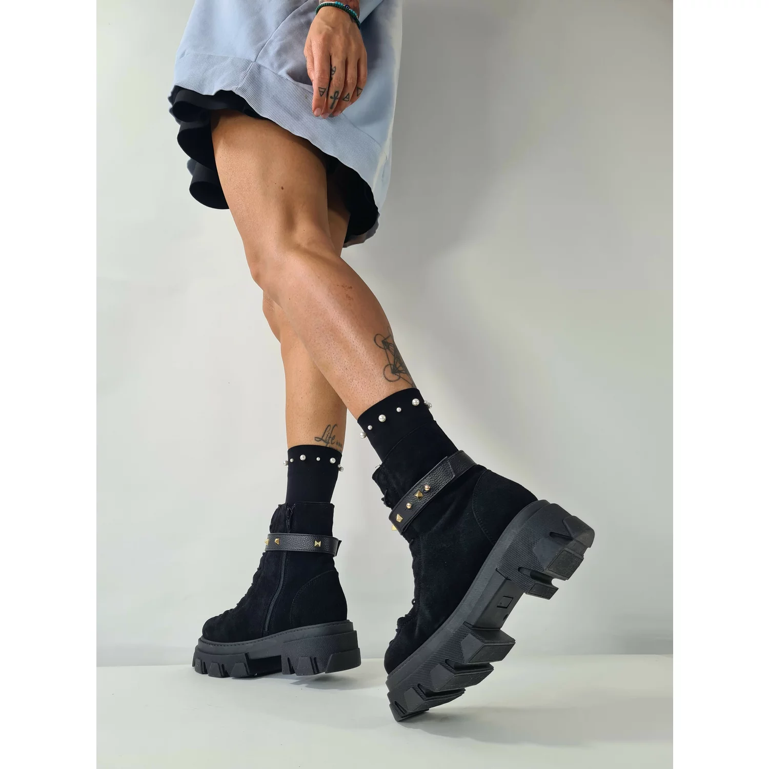 Ghete dama Piele Naturala Negre cu bareta detasabila Monik