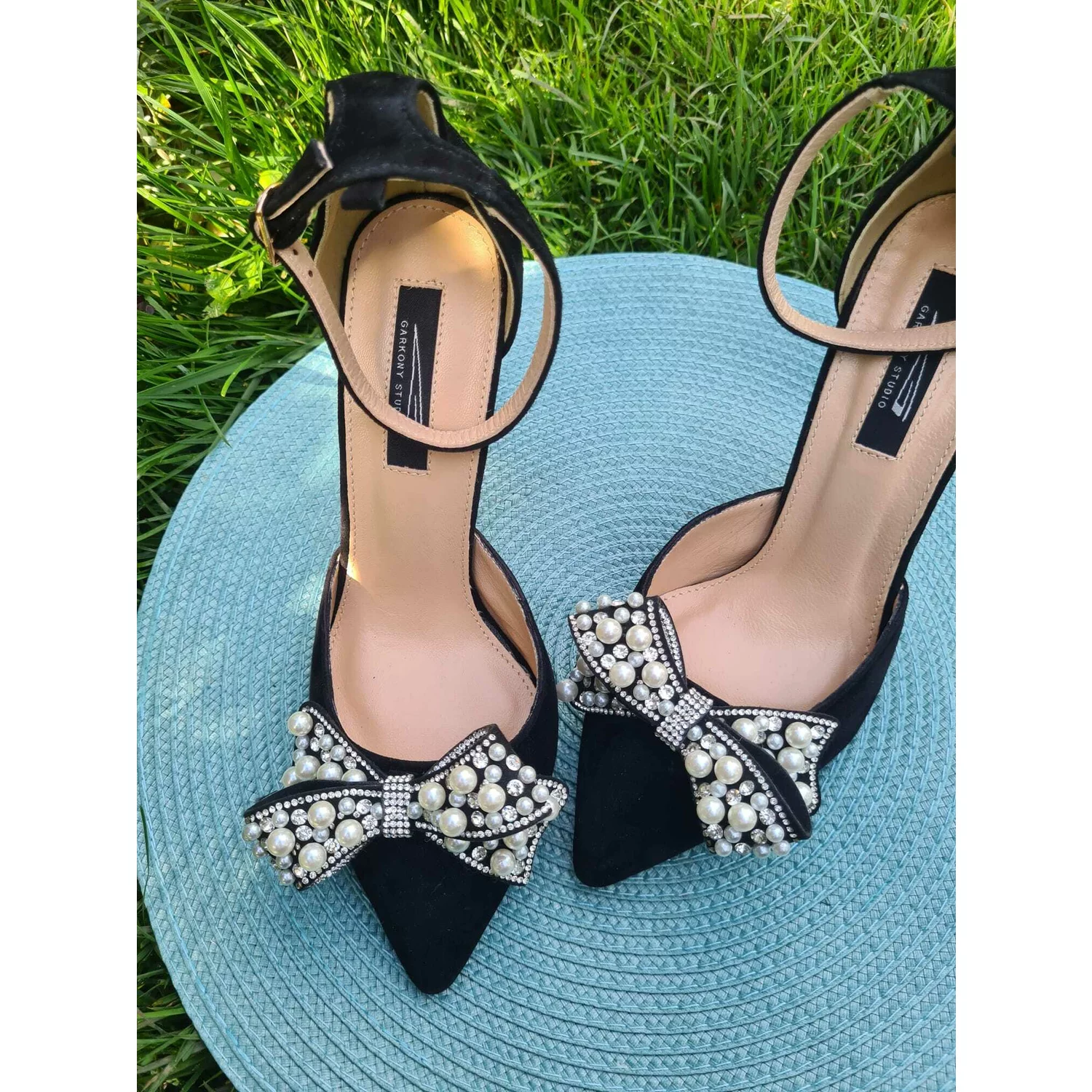 Pantofi stiletto Piele Naturala Negri cu funda perle Pearl