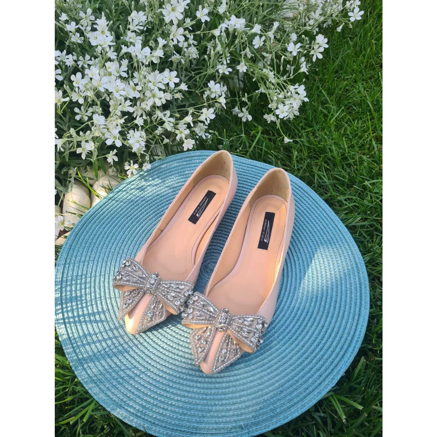 Balerini Piele Naturala Nud roze cu funda Love Angel