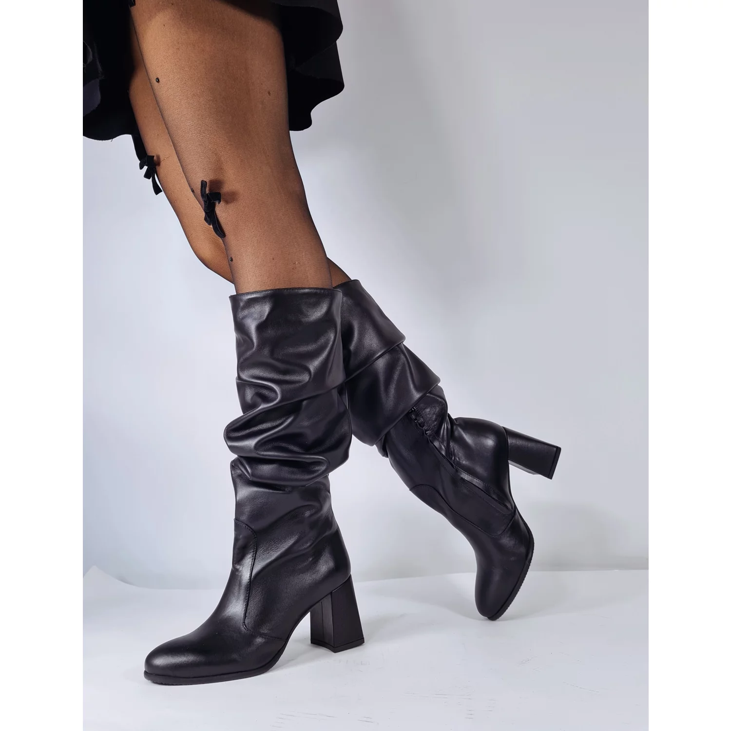 Cizme fronsate Piele Naturala Negre box Lina