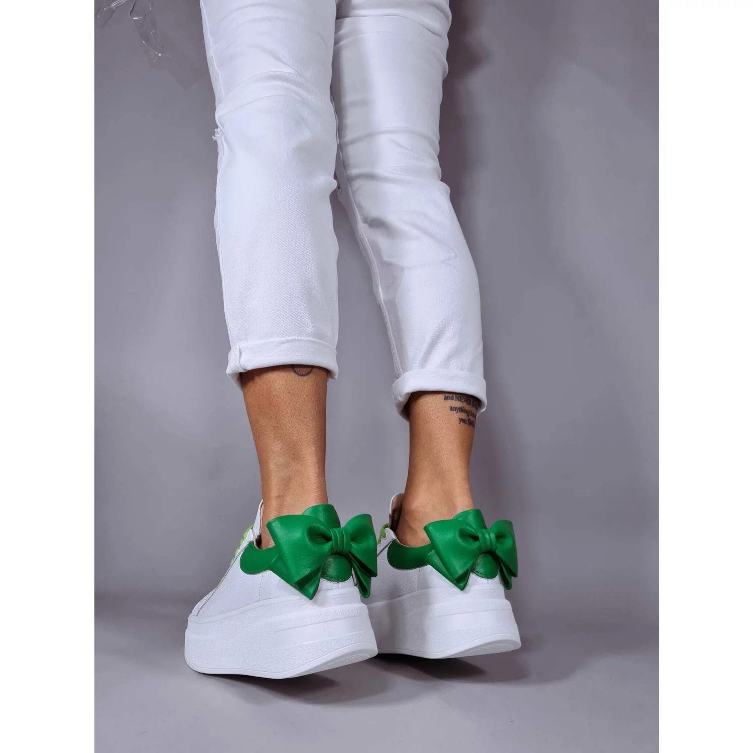 Pantofi casual Piele Naturala Albi cu Verde Bow