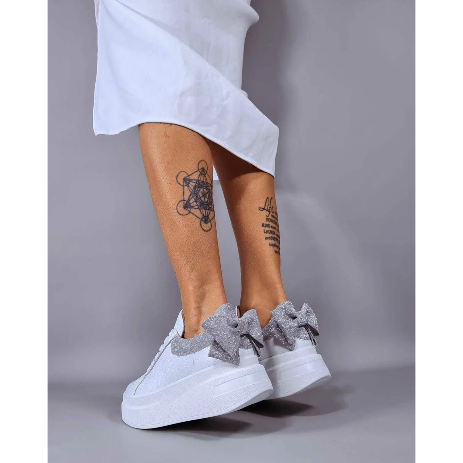 Pantofi casual Piele Naturala albi cu argintiu Bow