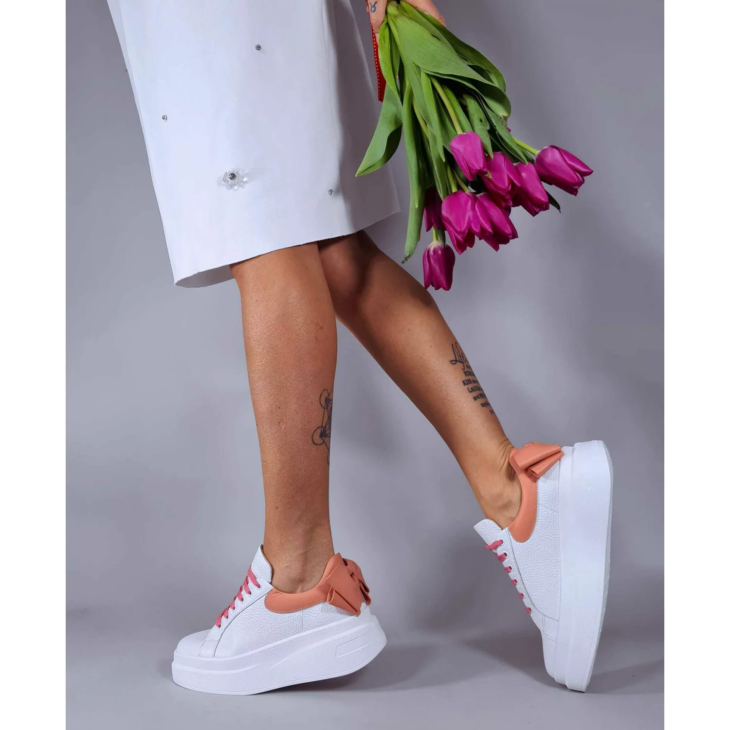 Pantofi casual Piele Naturala albi cu roz Bow