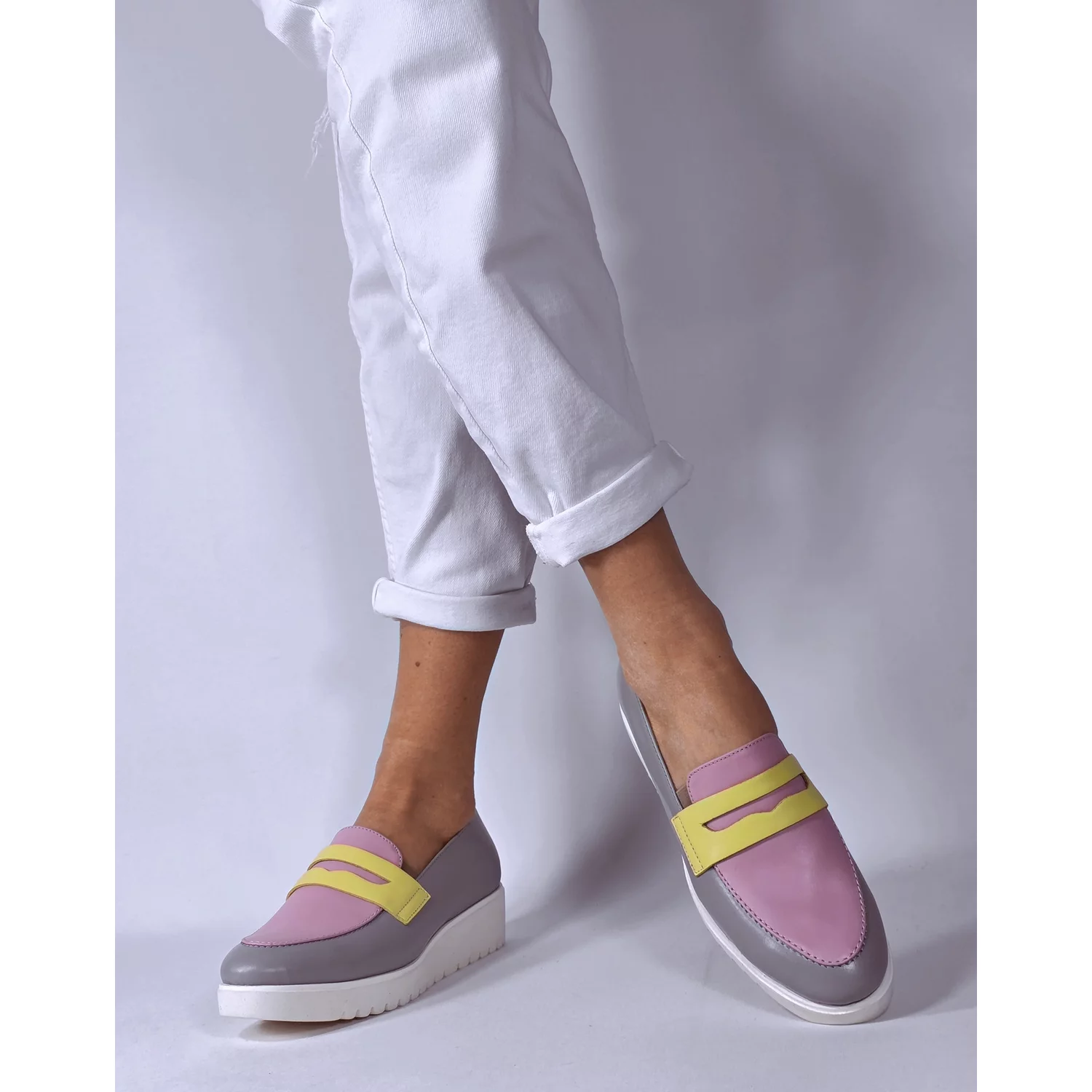 Pantofi casual Piele Naturala Gri cu Roz Nosy