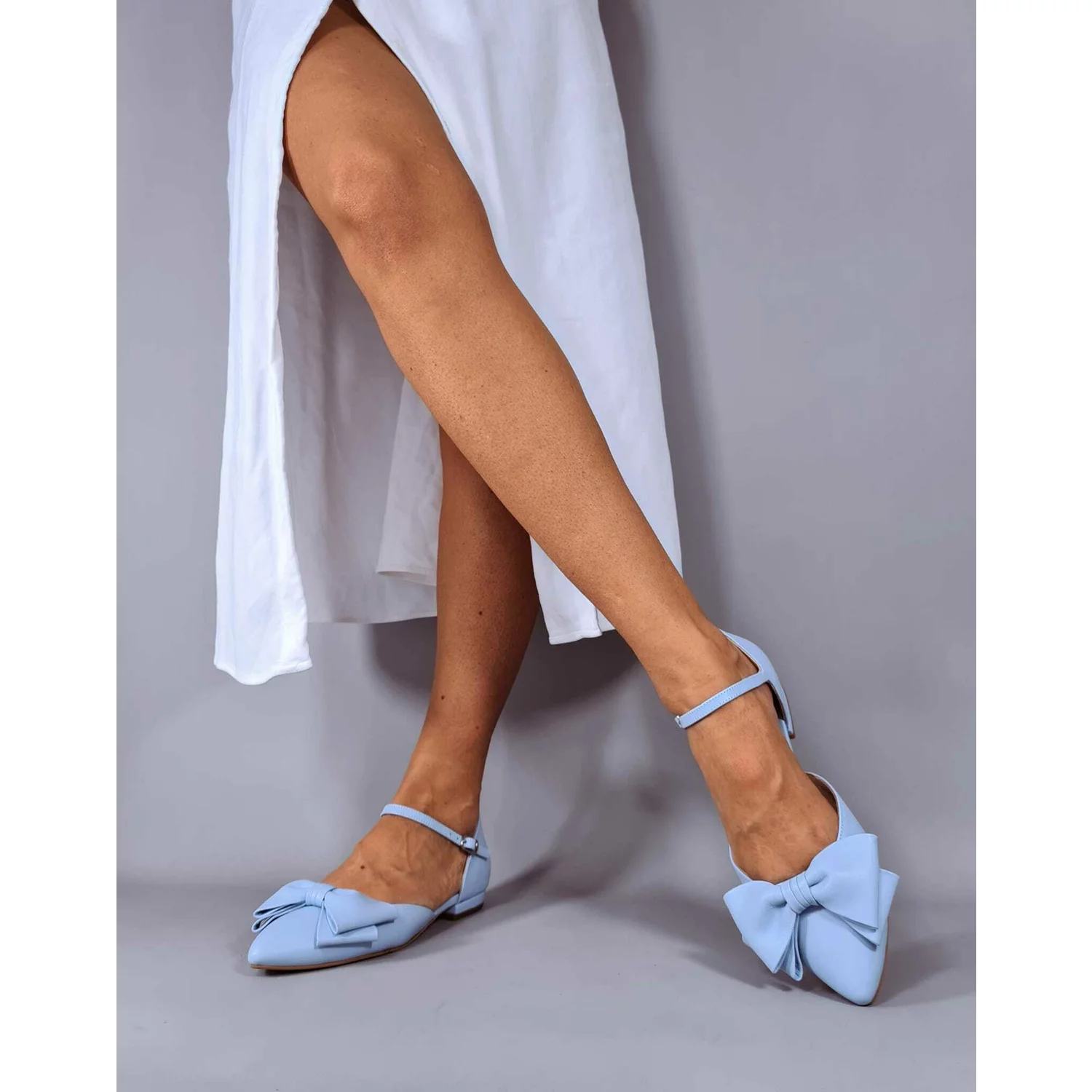 Balerini Piele Naturala Blue cu funda Malena