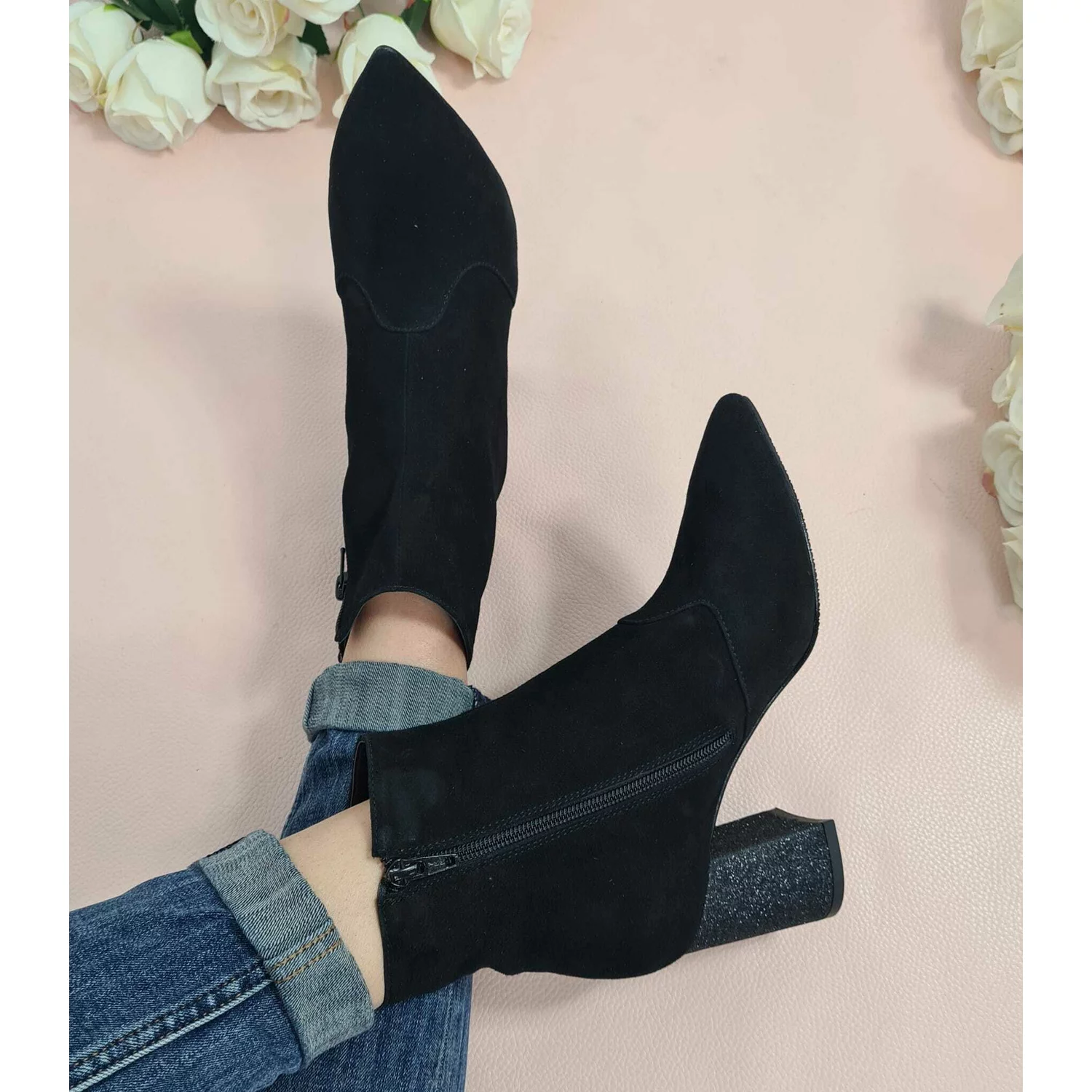 Botine piele intoarsa neagra Lena