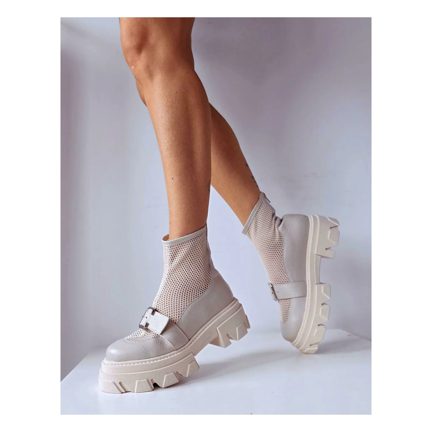 Ghete dama de vara Piele Naturala Bej si plasa textil Kamila