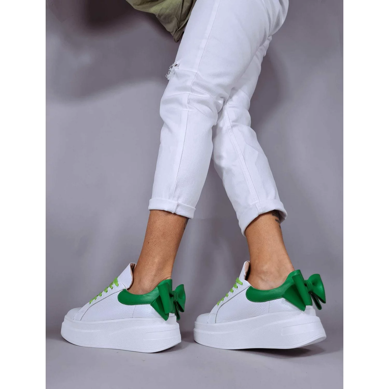 Pantofi casual Piele Naturala Albi cu Verde Bow