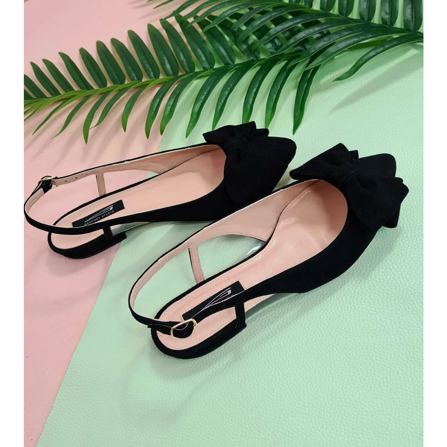 Balerini din piele naturala neagra Top cu funda