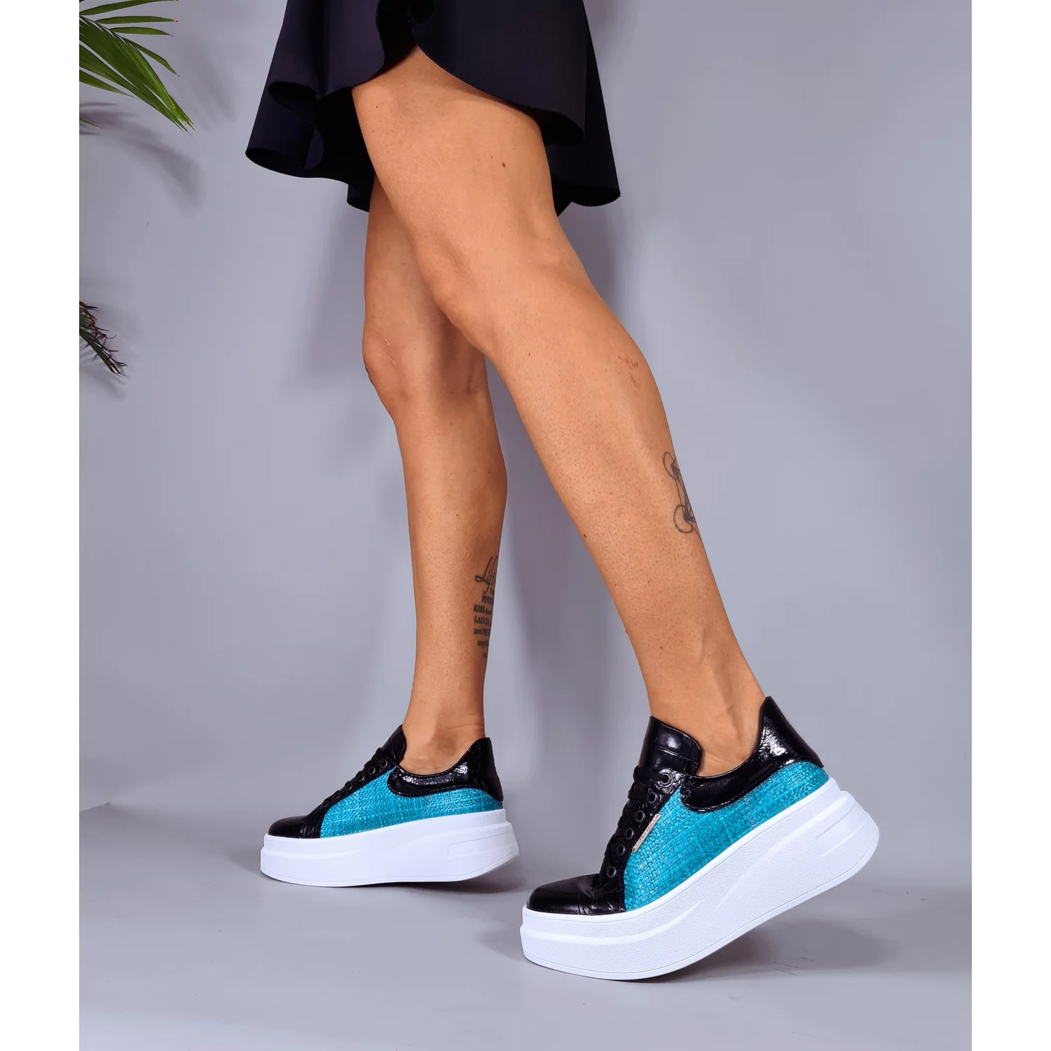 Pantofi casual Piele Naturala Negri cu Turcoaz Loky