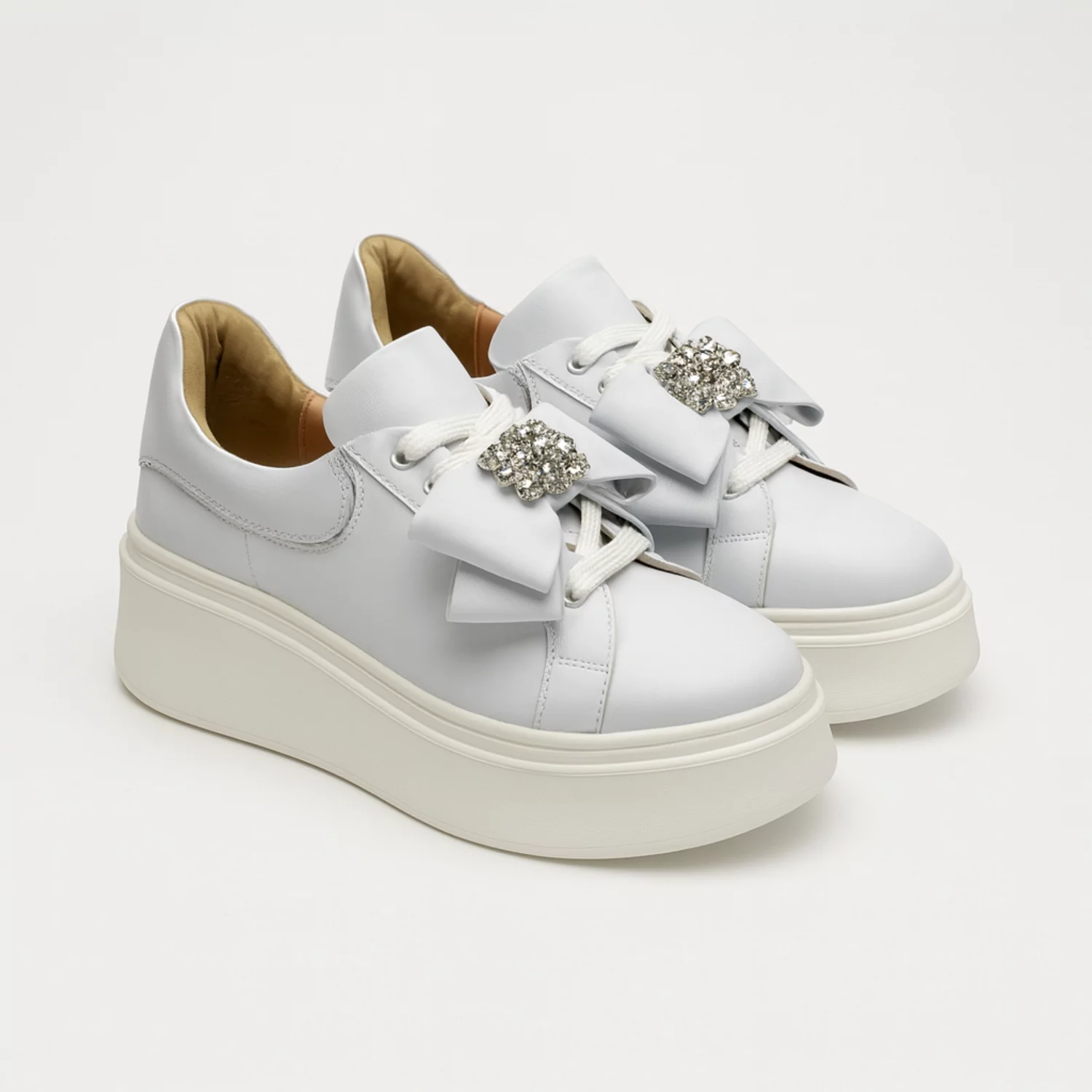 Pantofi casual Piele Naturala Albi cu funda si accesoriu Noam