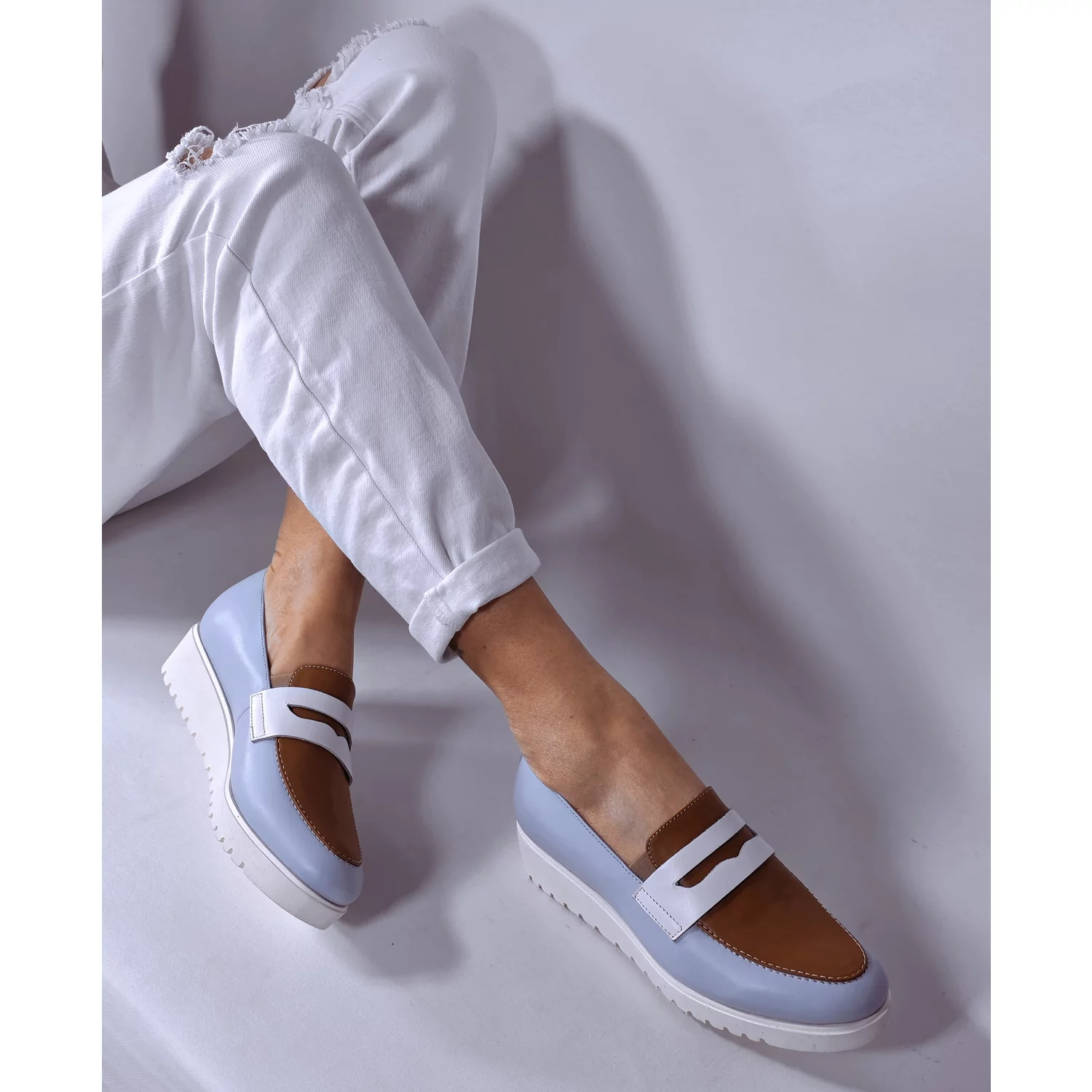 Pantofi casual Piele Naturala Blue cu Maro Nosy