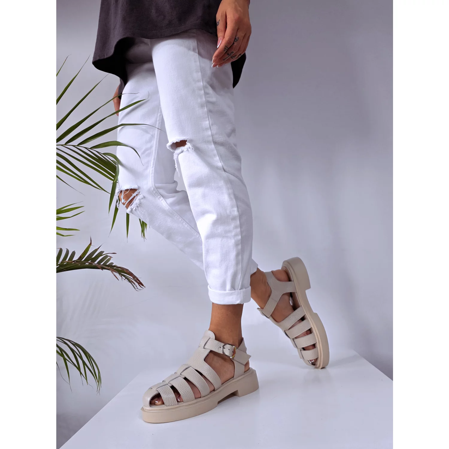 Sandale Casual Piele Naturala Bej cu barete Fargo