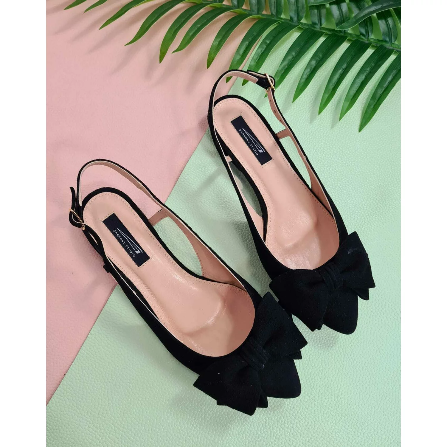 Balerini din piele naturala neagra Top cu funda