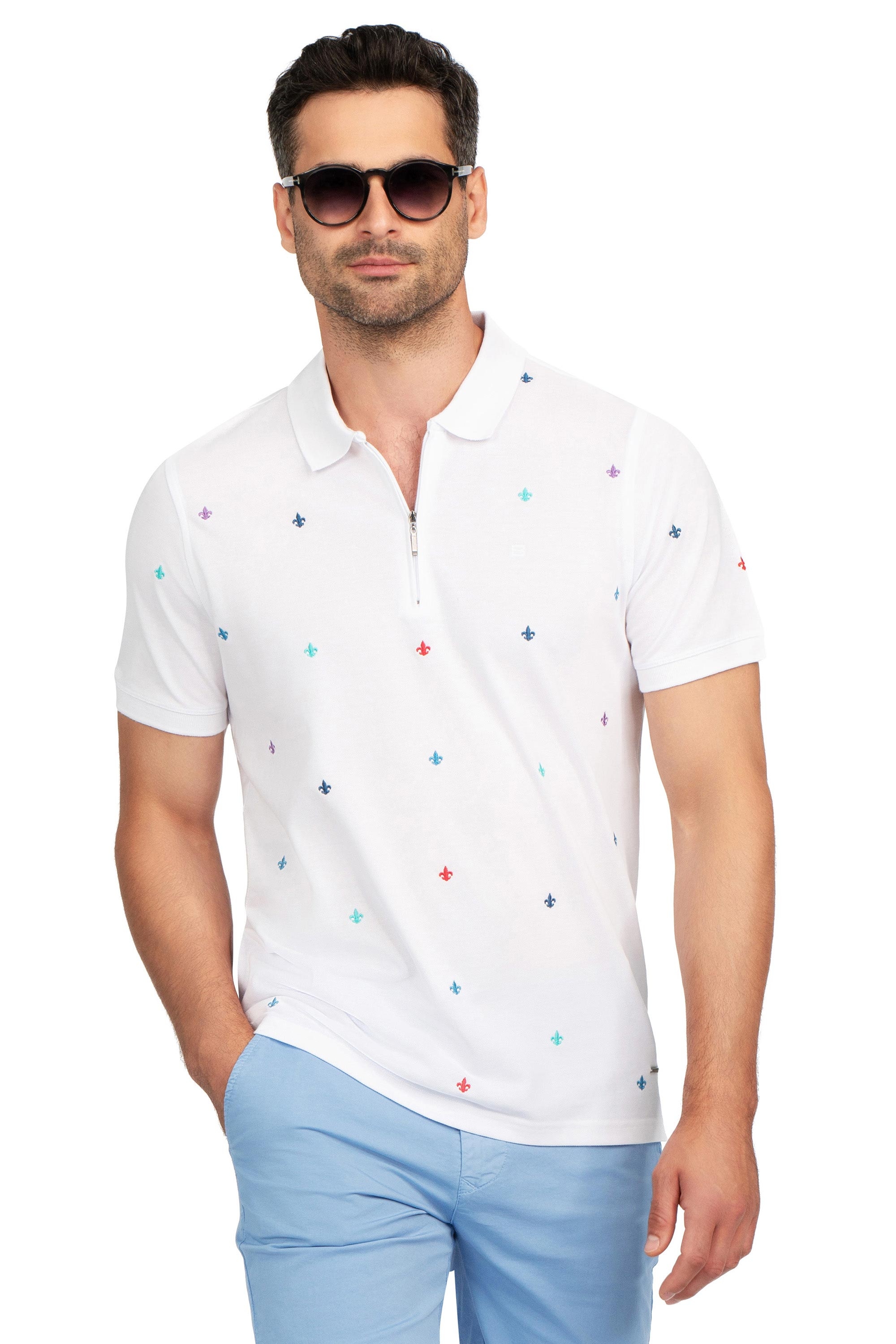Tricou polo slim alb print geometric