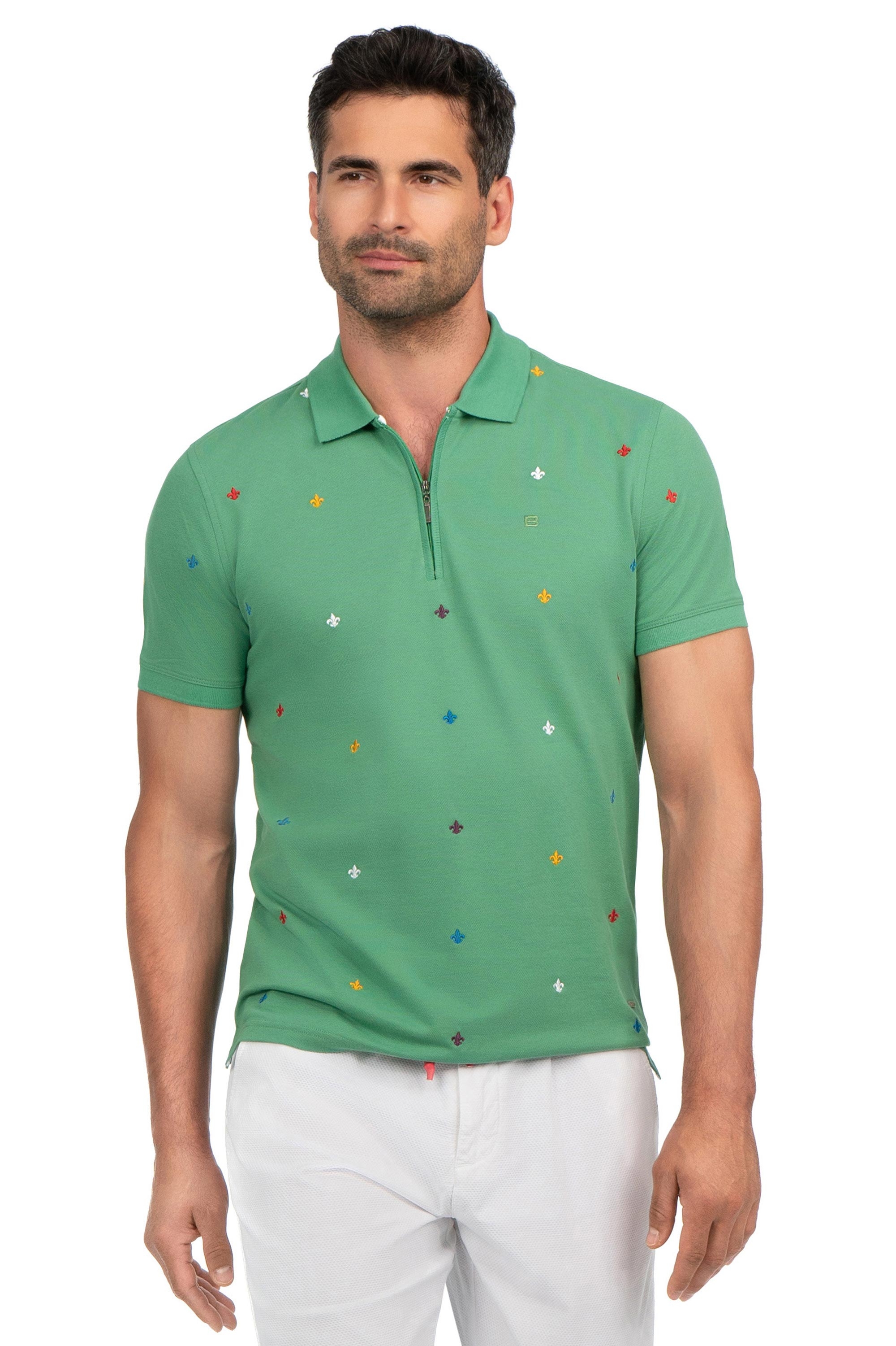 Tricou polo slim verde print geometric