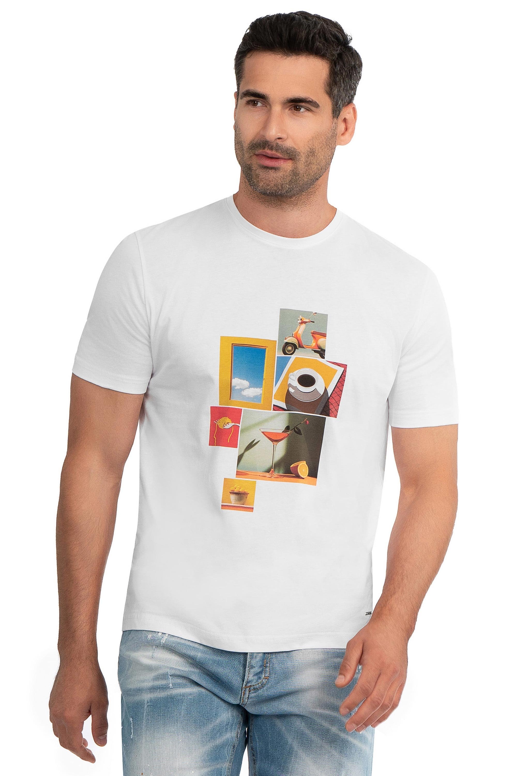 Tricou  slim alb print guler rotund