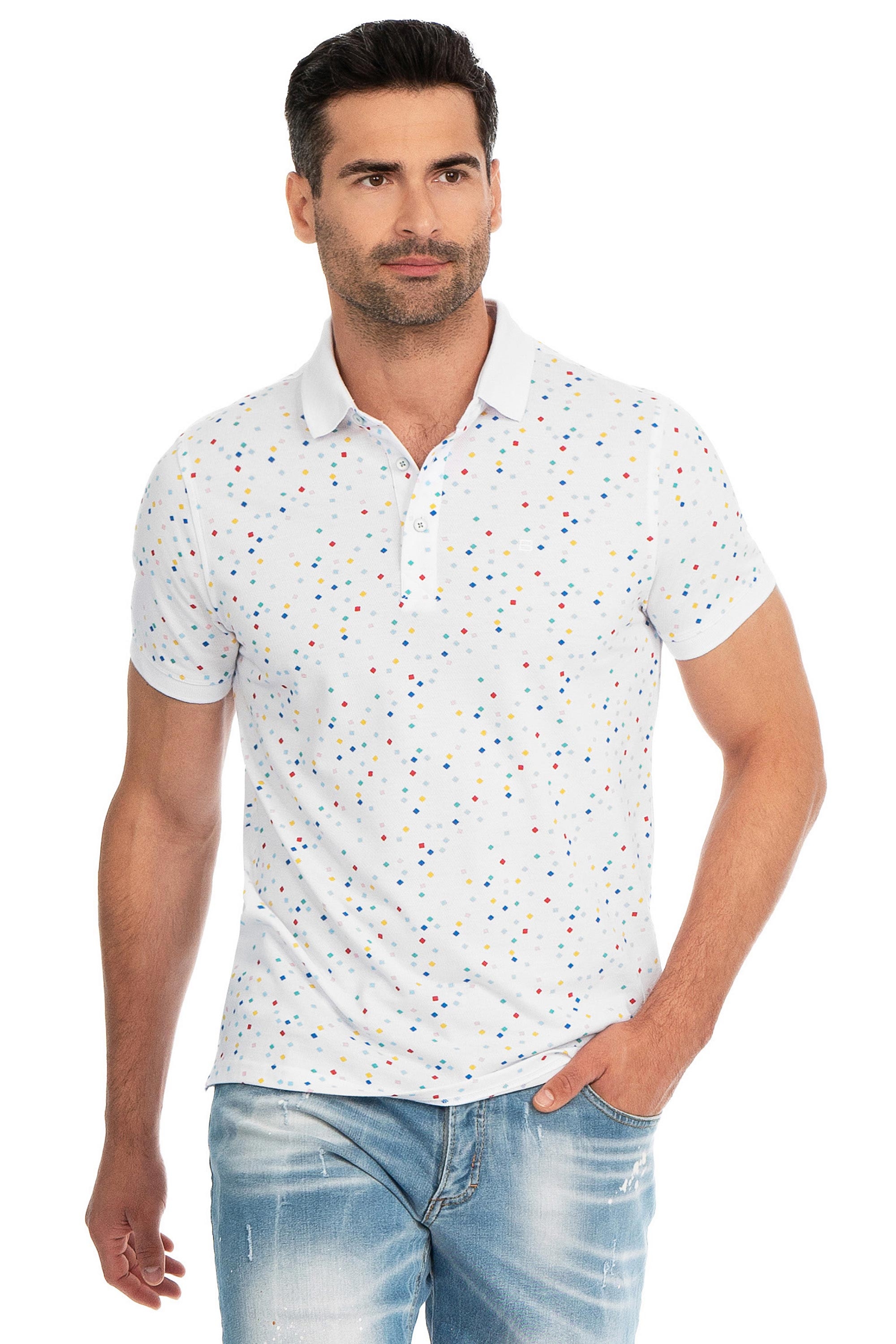 Tricou polo slim alb print geometric