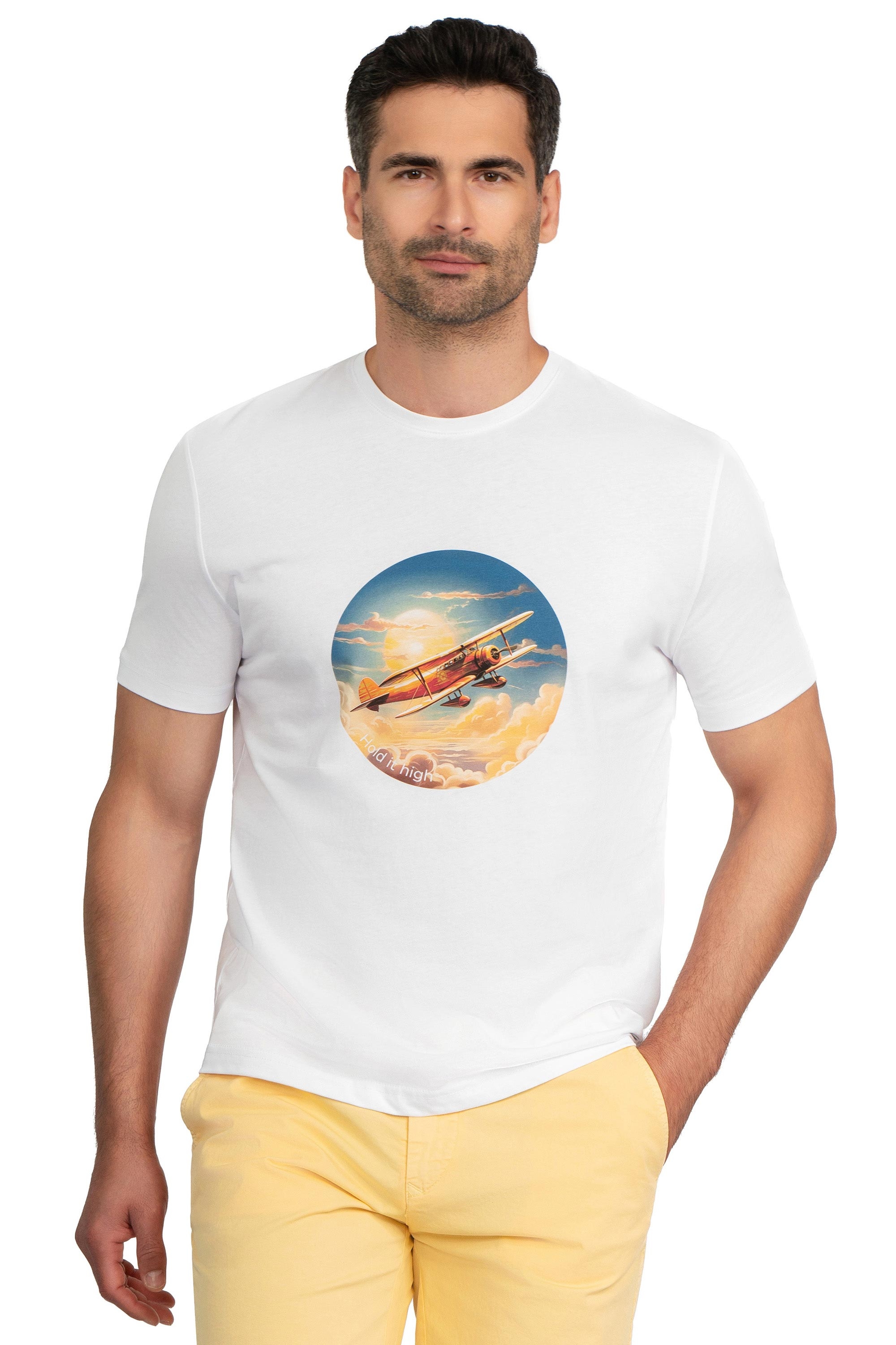 Tricou slim alb print guler rotund