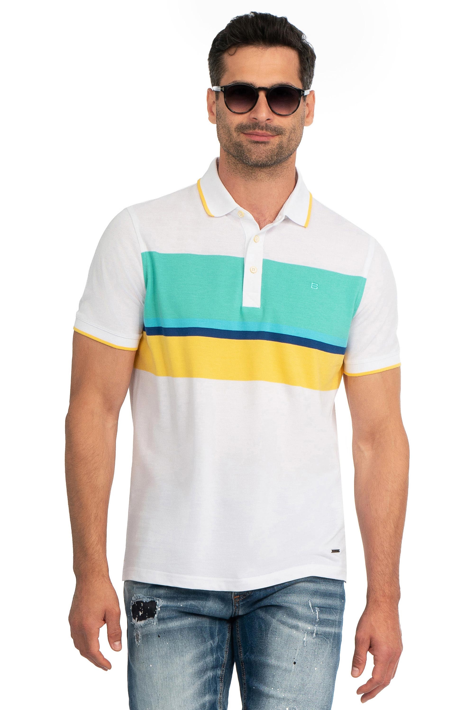 Tricou polo regular alb cu dungi