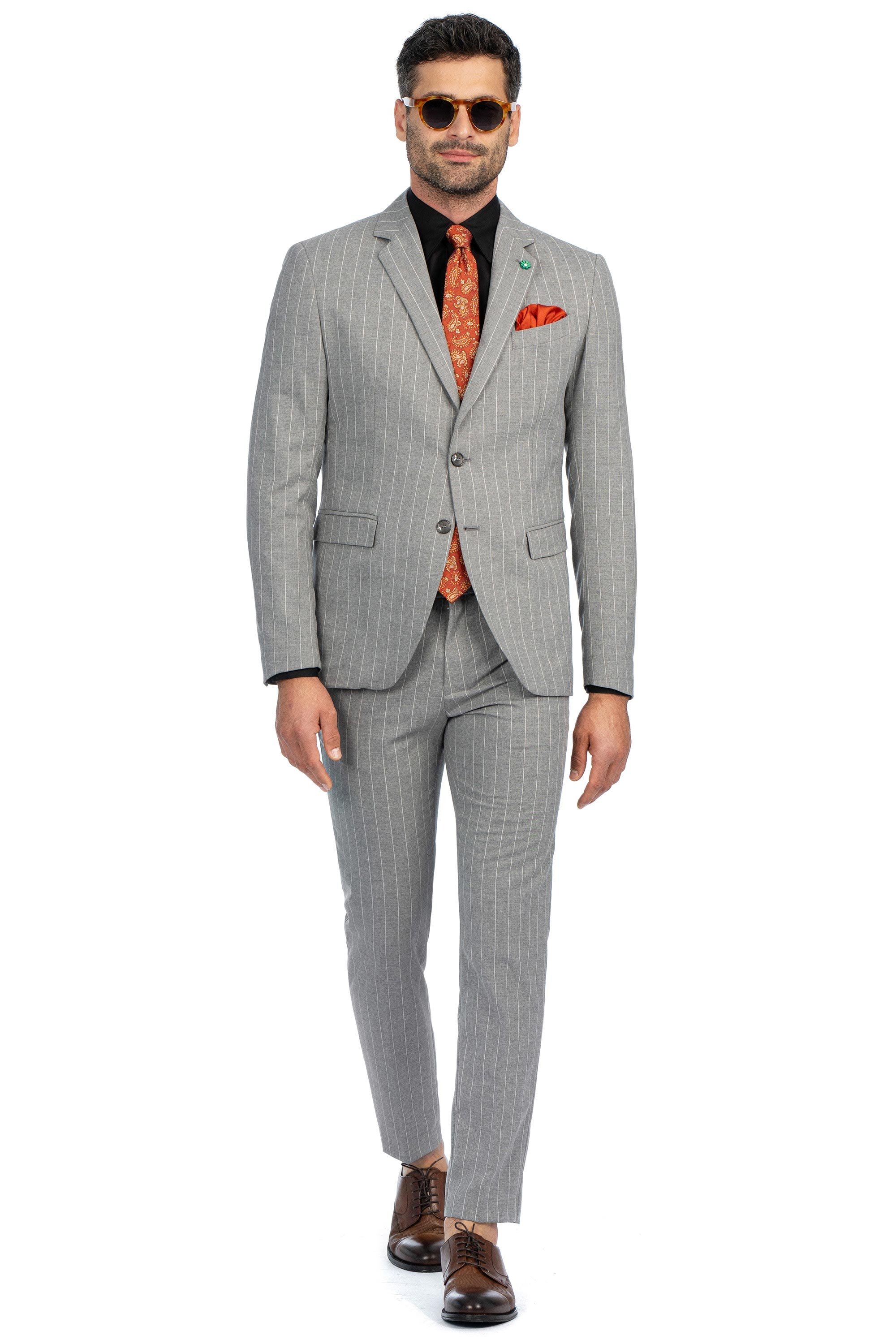 Costum slim gri in dungi