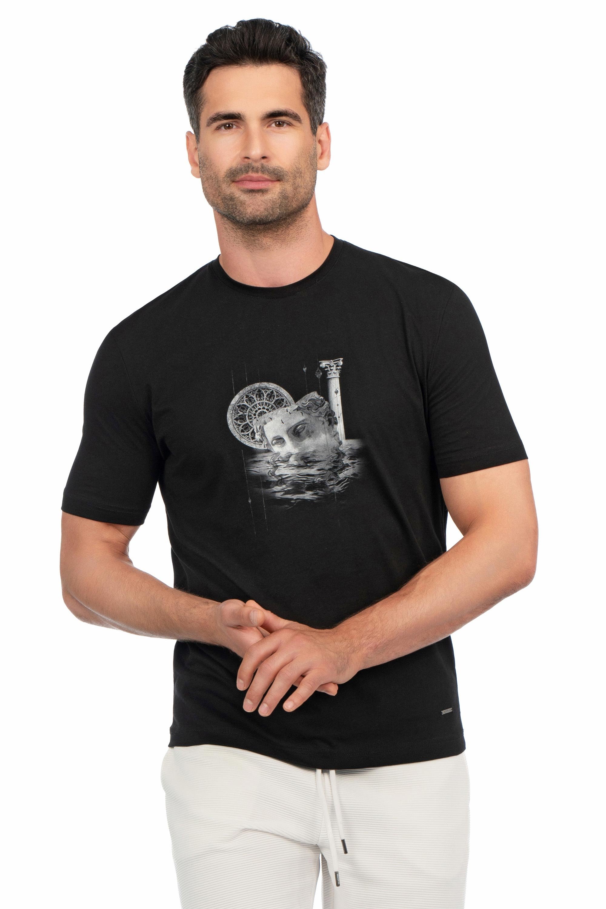 Tricou slim negru print guler rotund