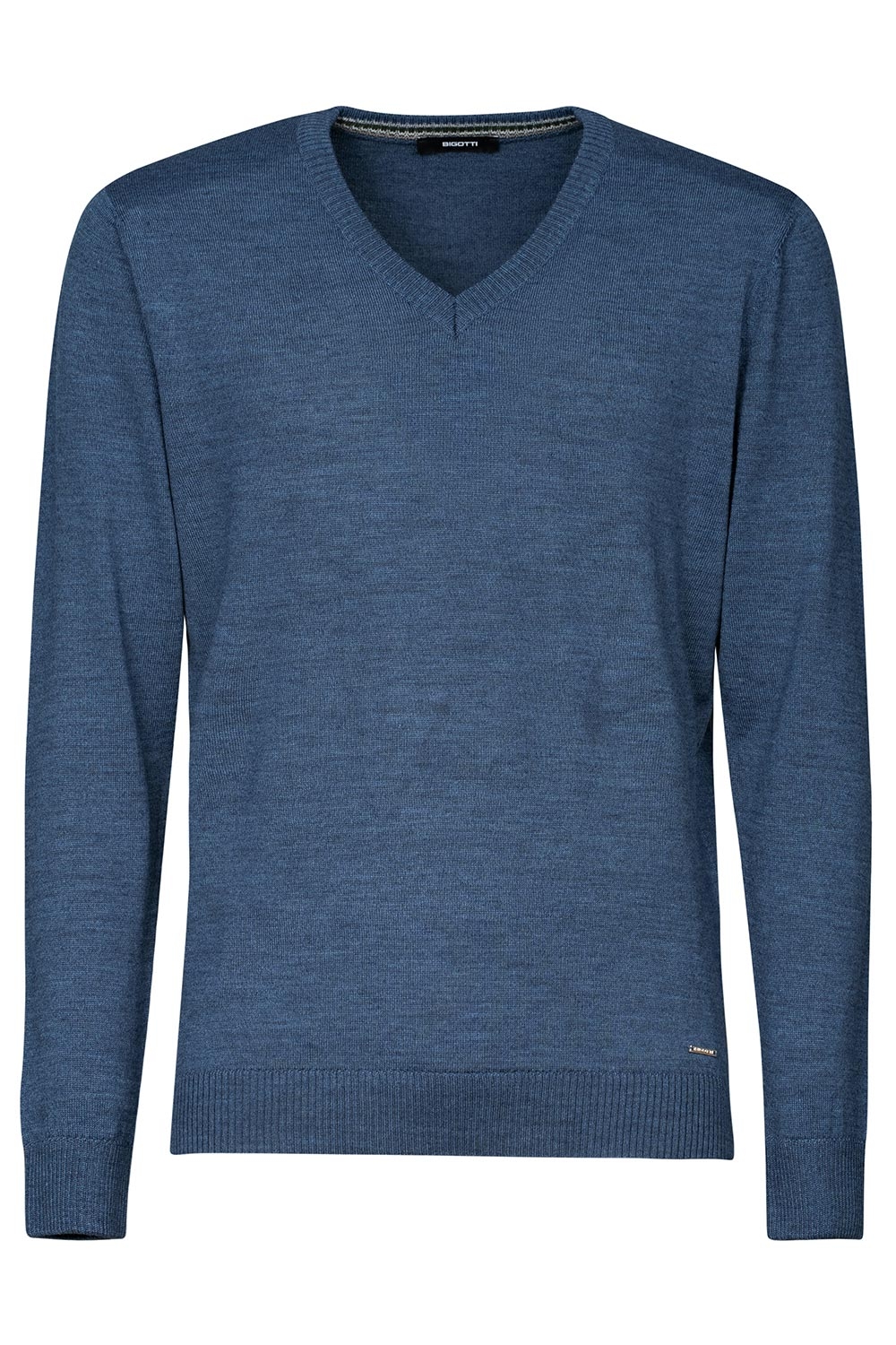 Pulover slim albastru guler in v