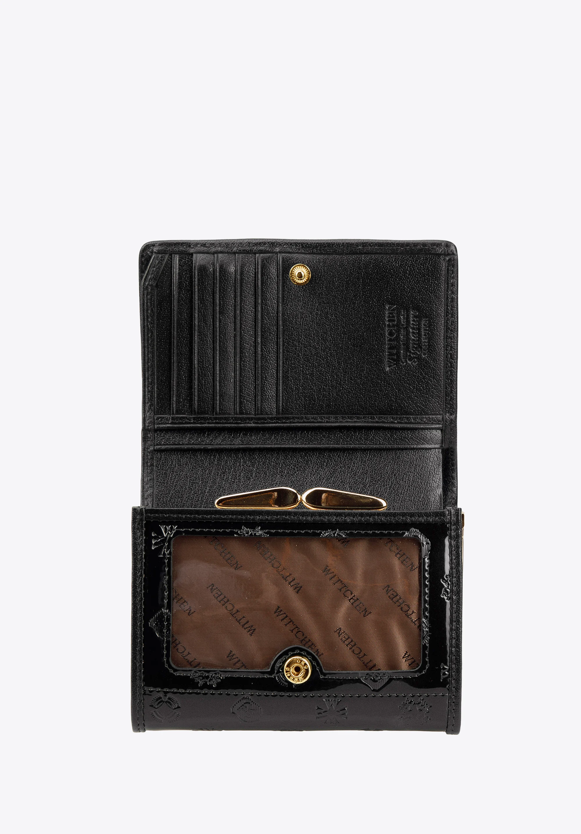 Damski portfel z lakierowanej skóry z monogramem i tasiemką mały