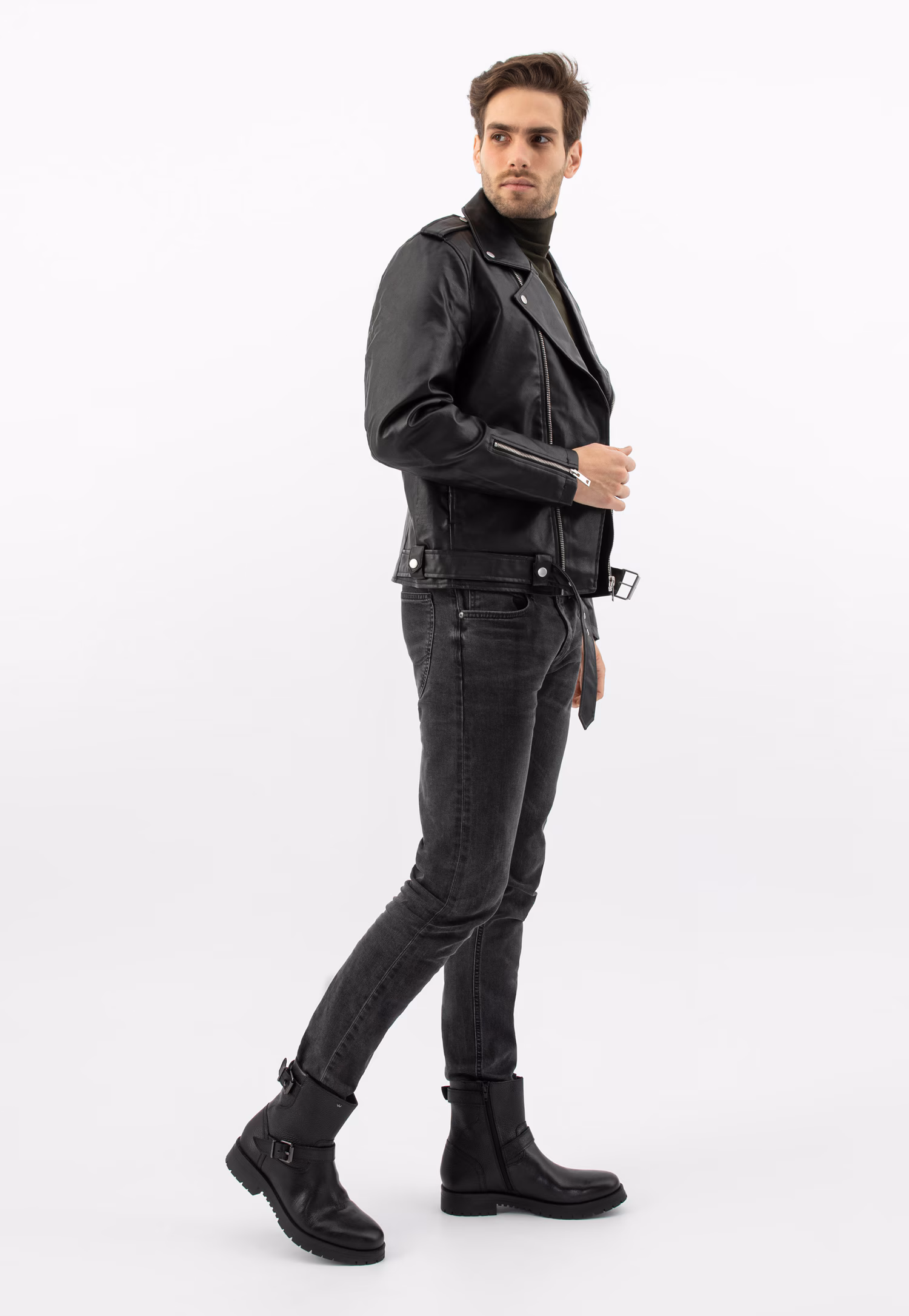 Czarne męskie bikery ze skóry licowej