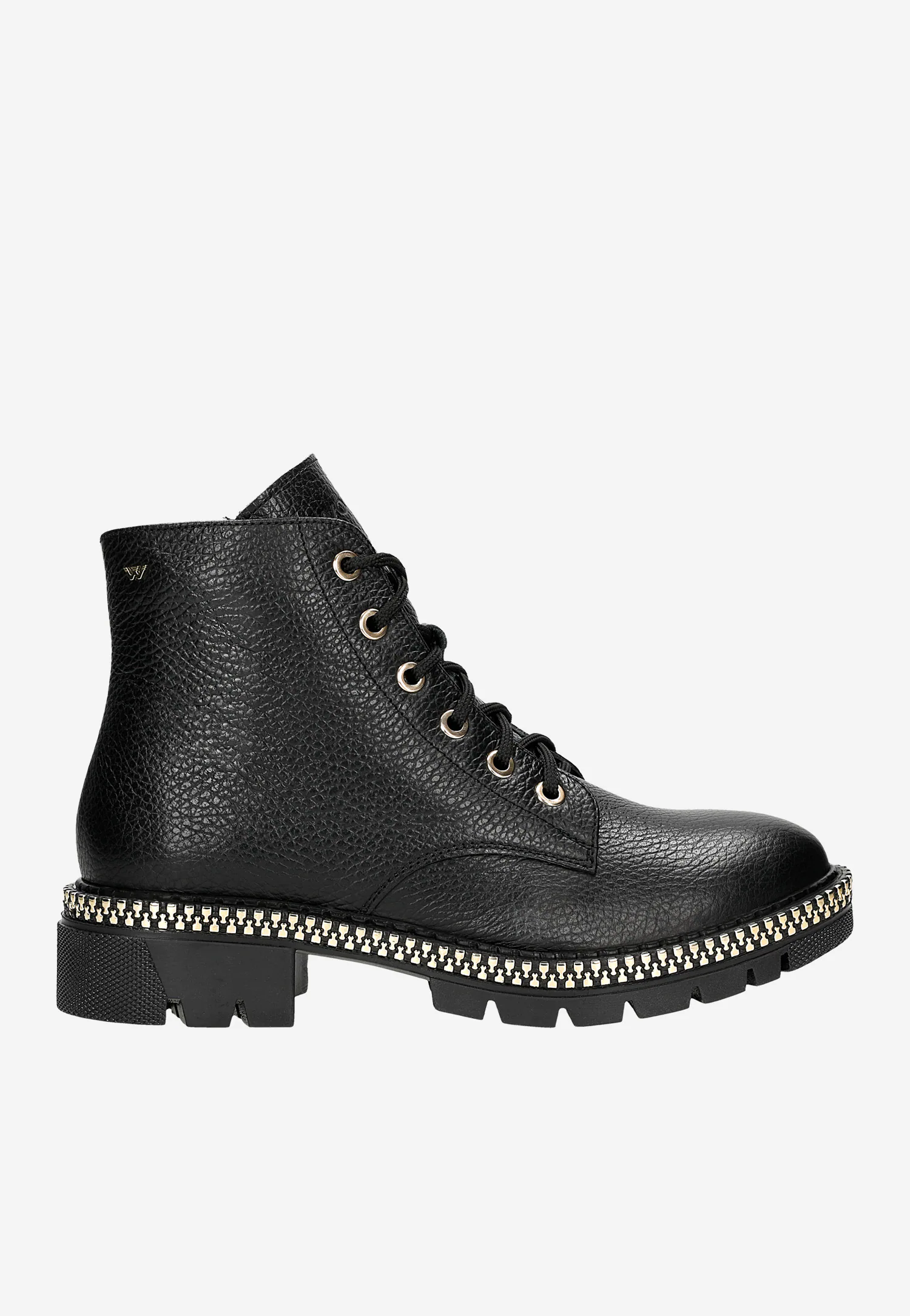 Czarne trzewiki damskie z ozdobnym złotym zamkiem na podeszwie