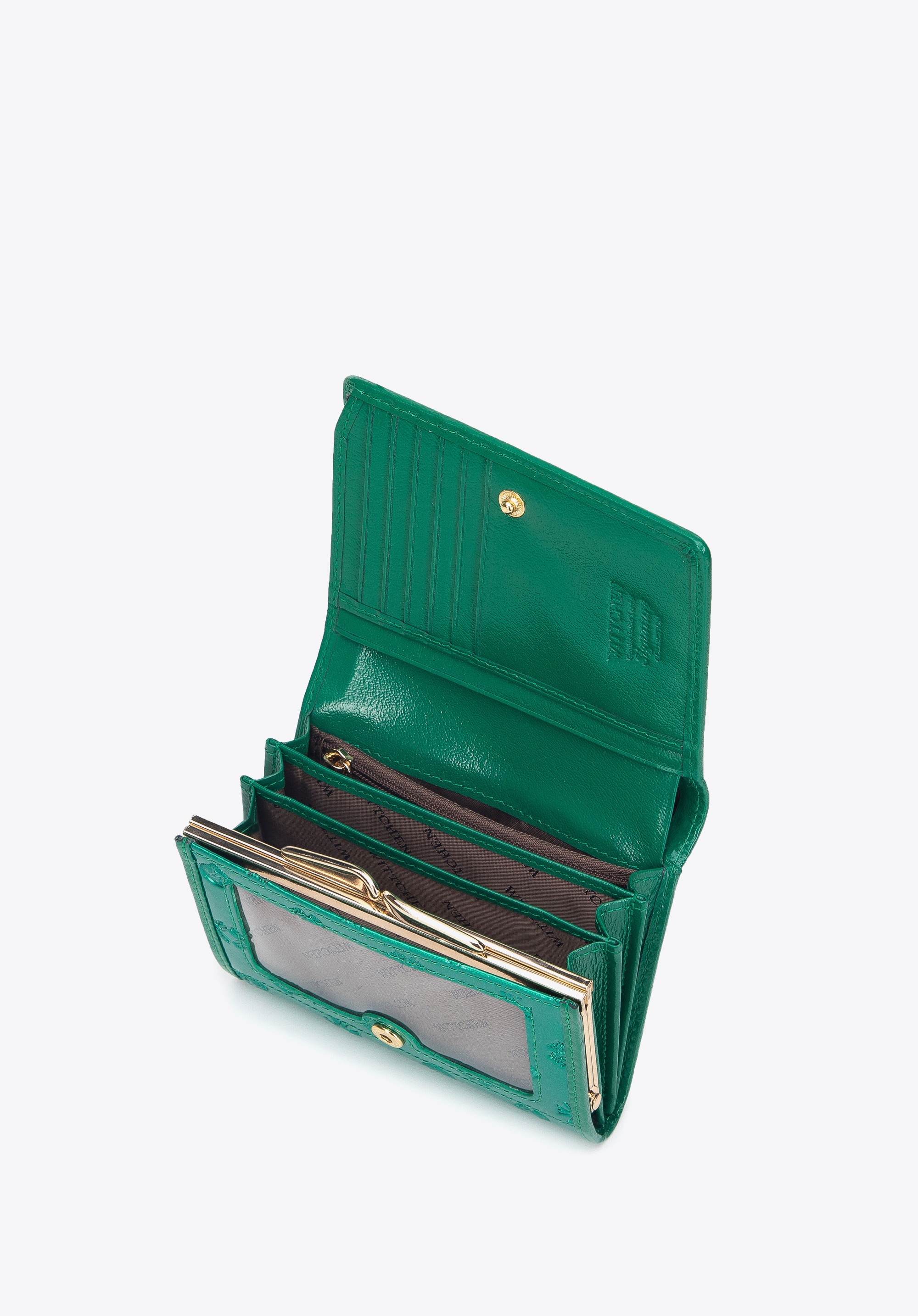 Damski portfel z lakierowanej skóry z monogramem mały