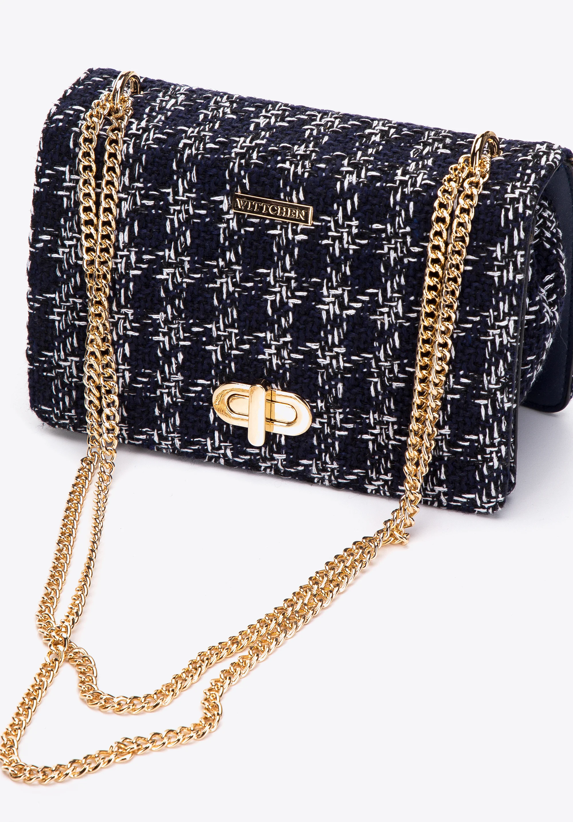 Damska minitorebka ze wstawką z tkaniny bouclé