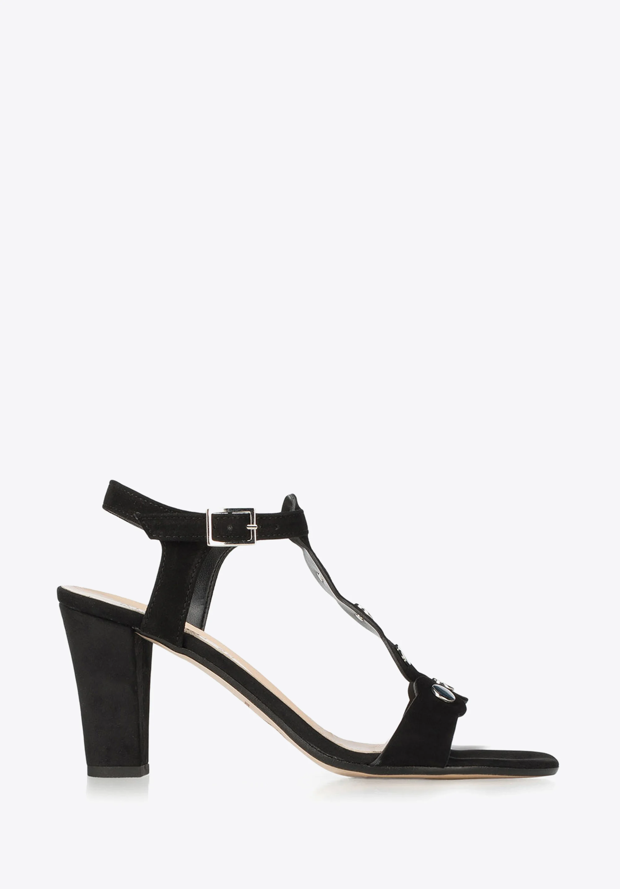 Damskie sandały na słupku zamszowe z lustrzanymi nitami