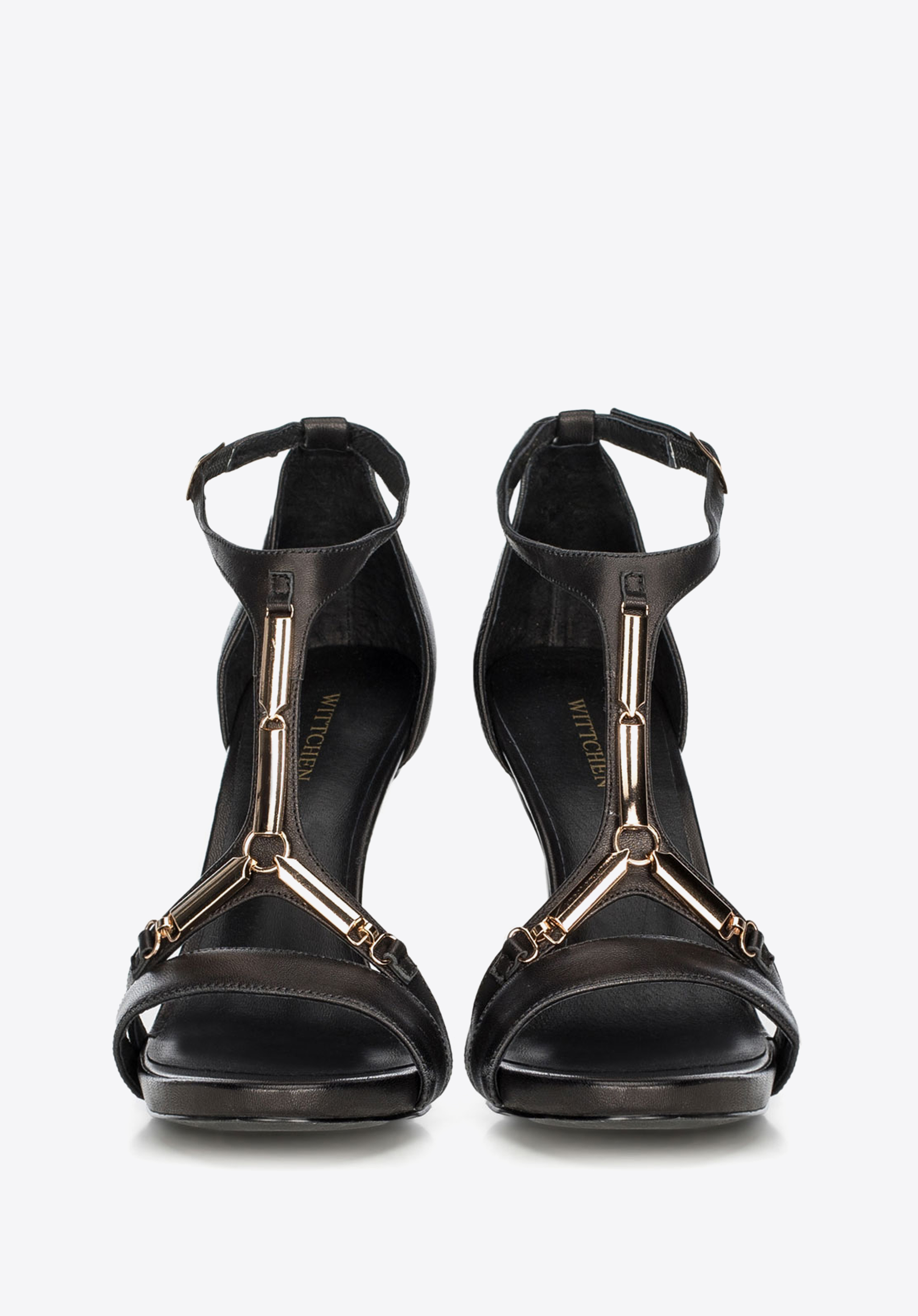 Damskie sandały skórzane na szpilce ze złotą ozdobą