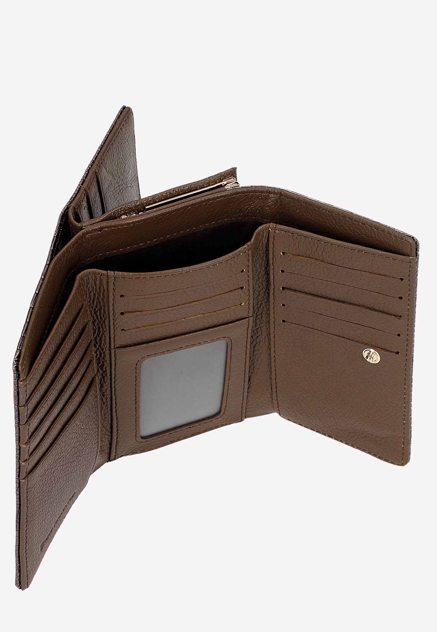 Beżowy lakierowany portfel damski zapinany na zatrzask