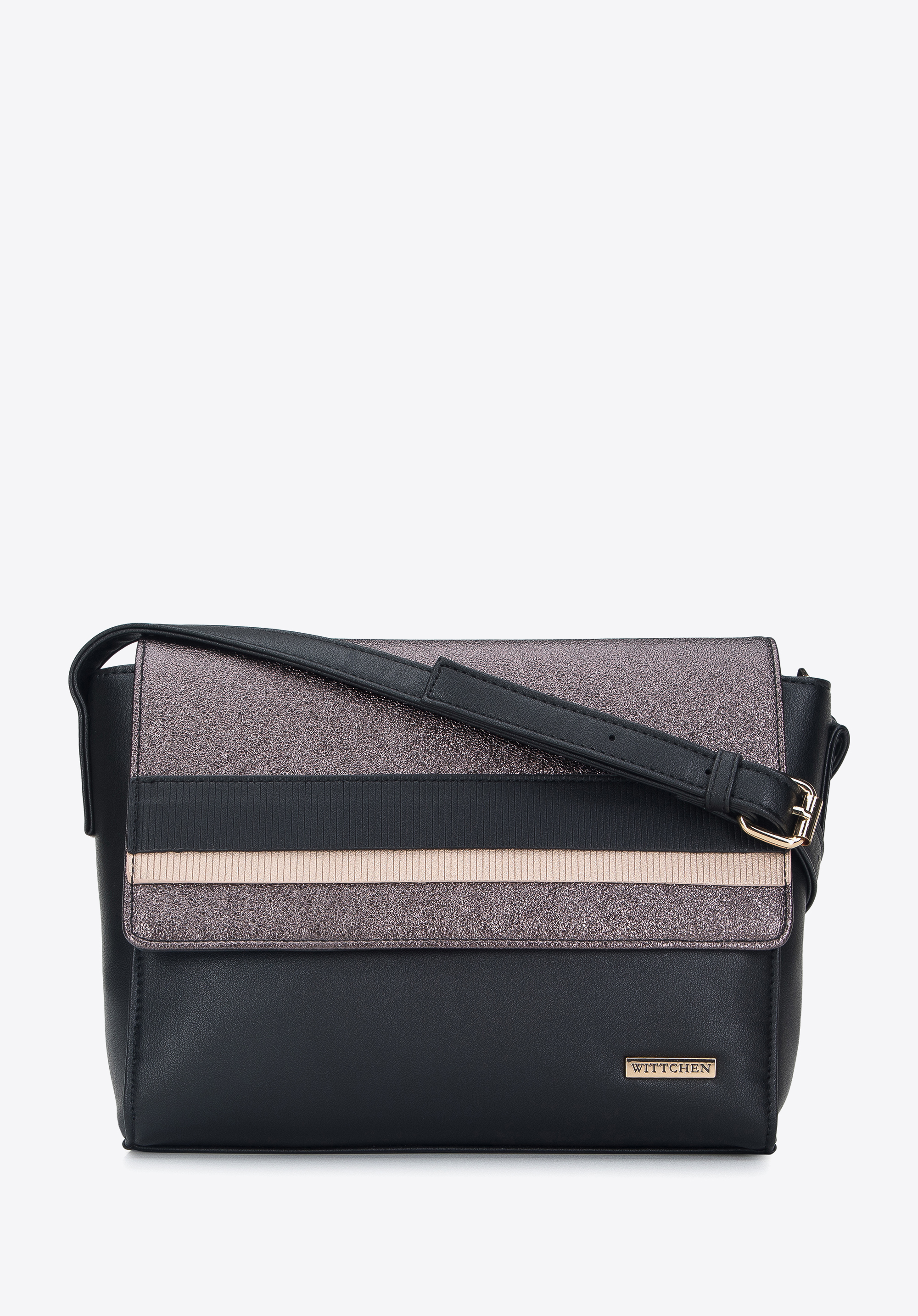 Damska listonoszka z ekoskóry z metaliczną klapą i paskami