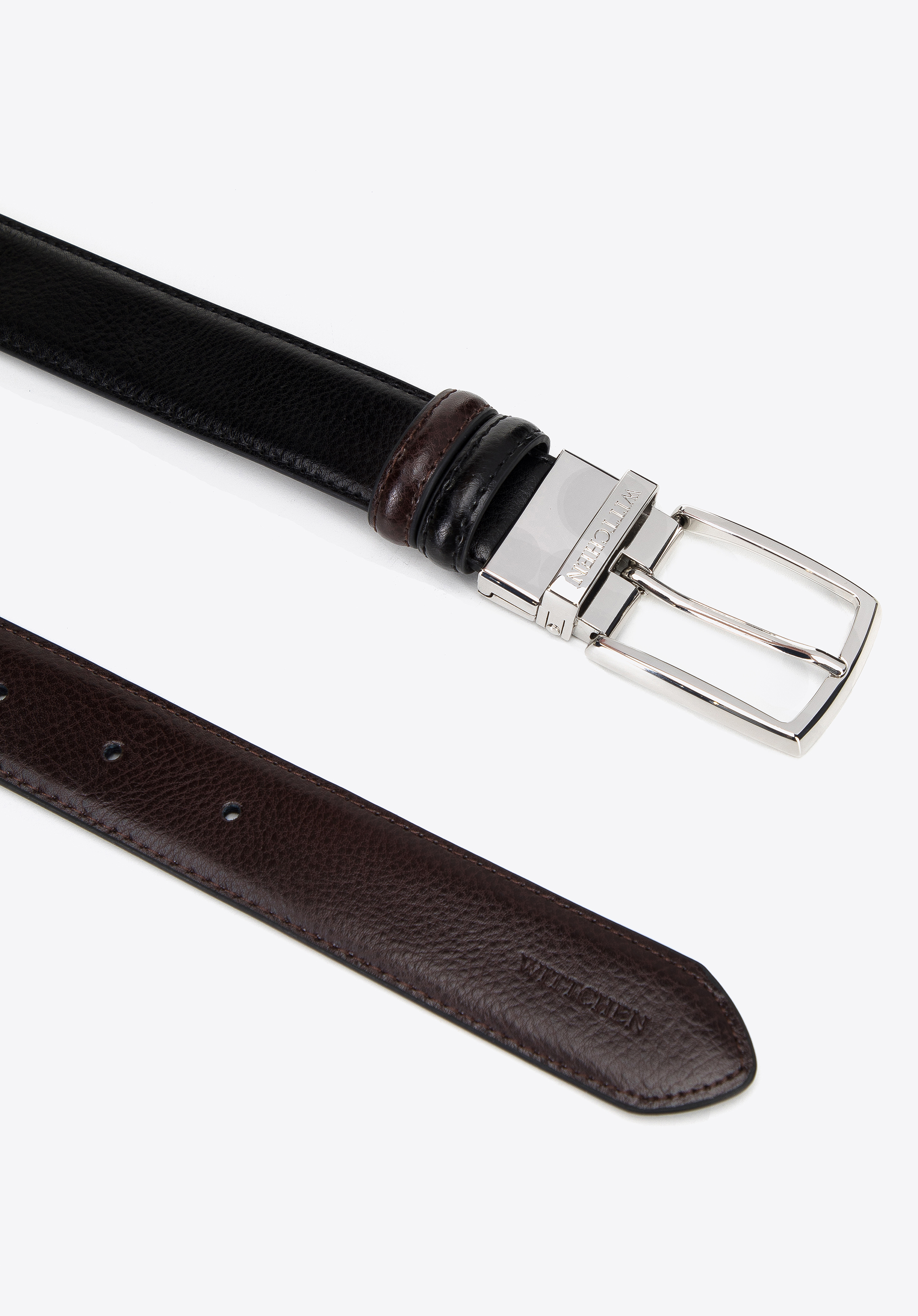 Męski pasek ze skóry dwustronny ze stębnowaniem
