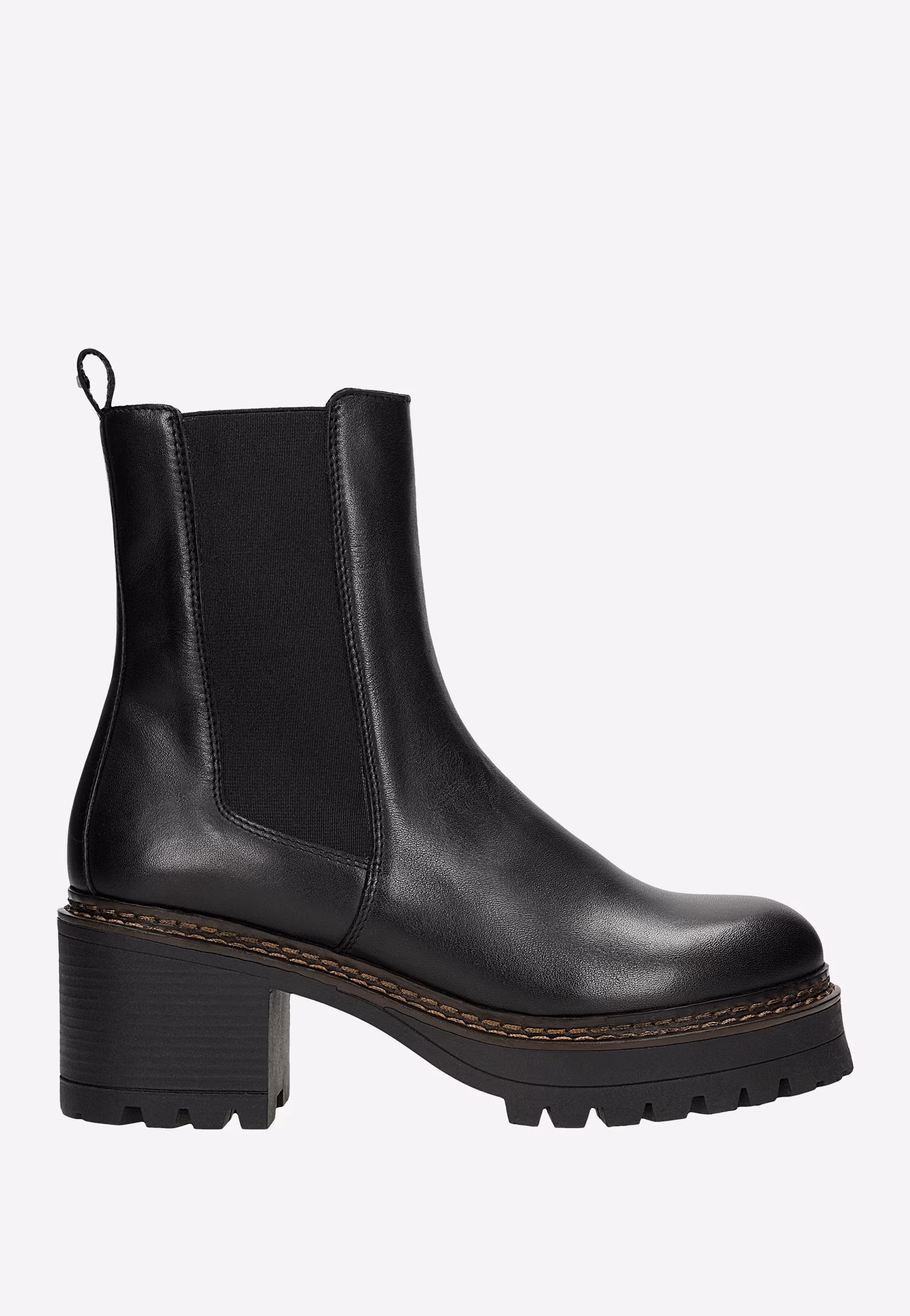 Czarne skórzane sztyblety na masywnym obcasie