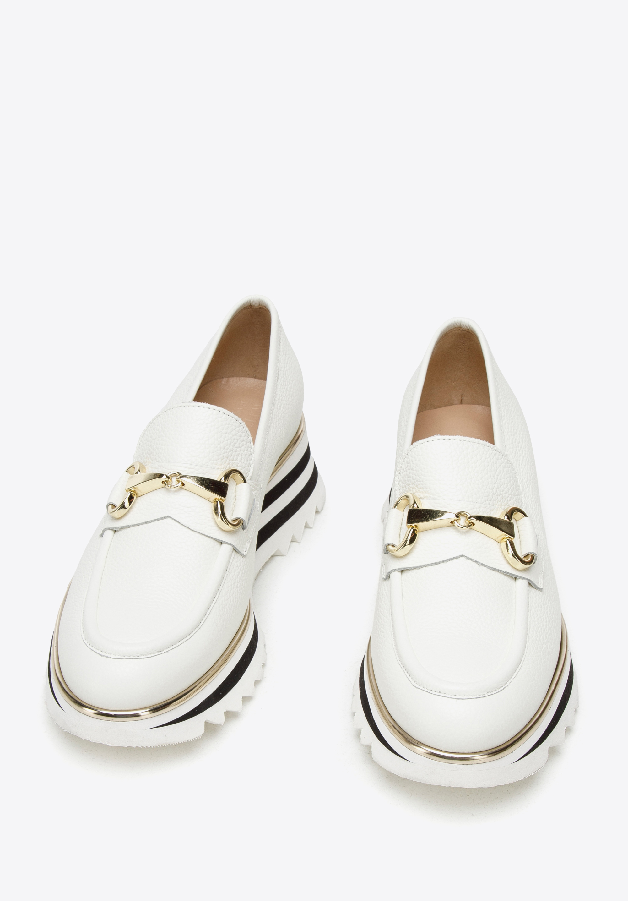 Damskie mokasyny skórzane na platformie w pasy