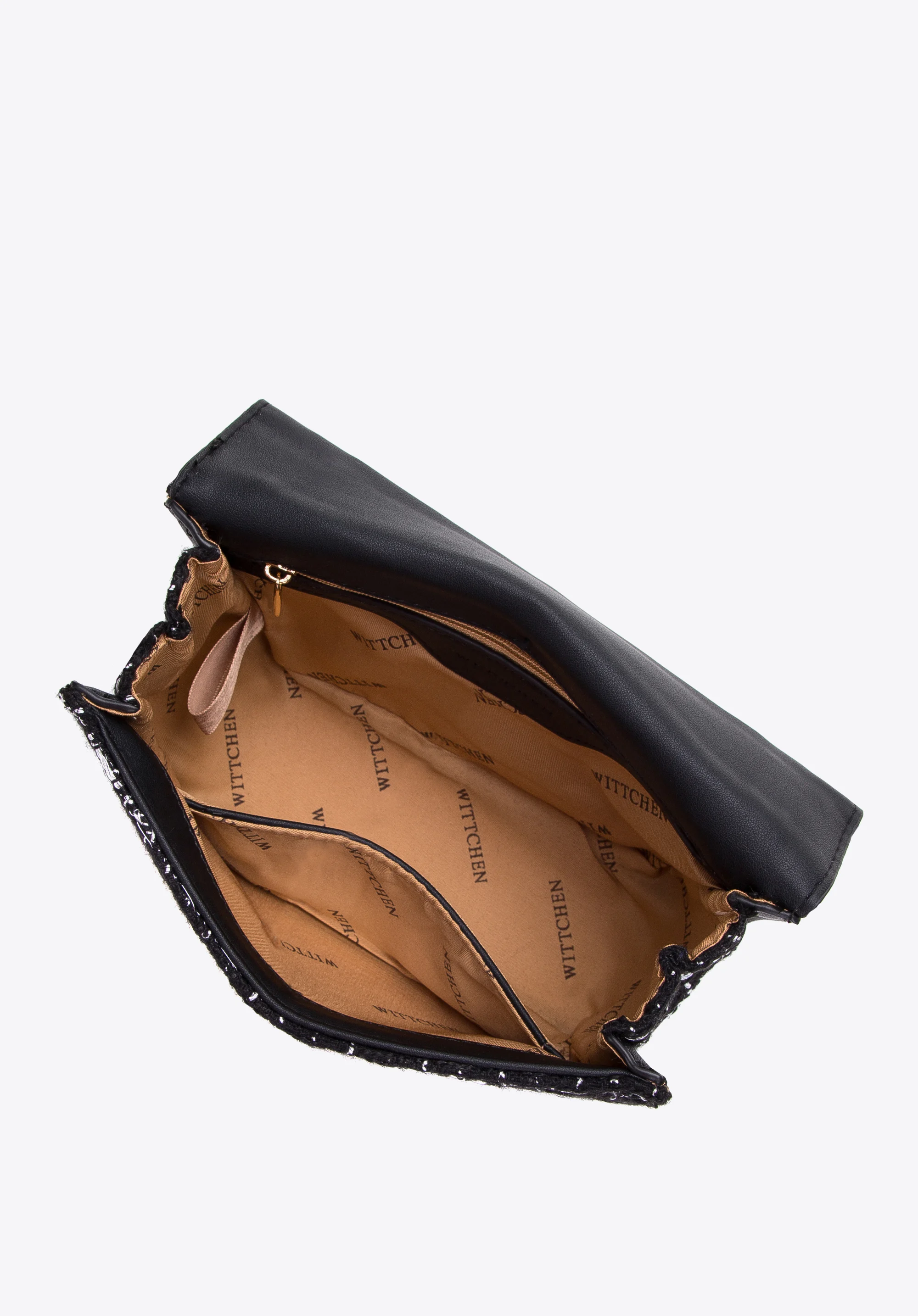 Damska minitorebka ze wstawką z tkaniny bouclé