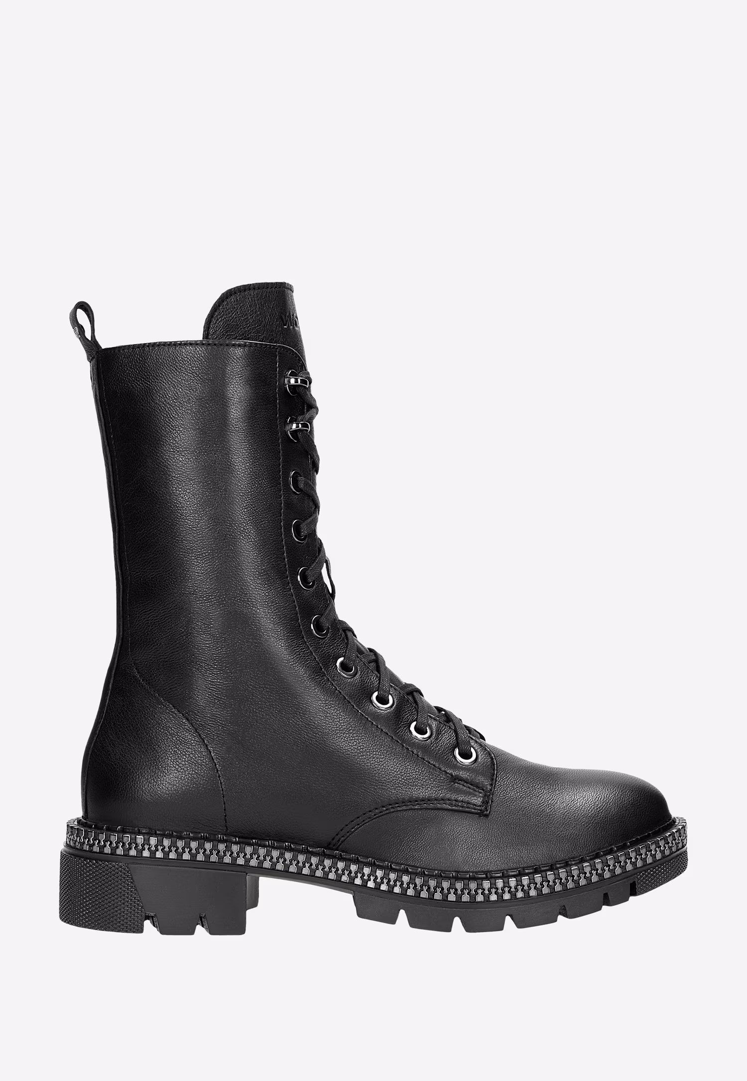 Czarne wysokie trzewiki damskie z ozdobnym zamkiem na podeszwie